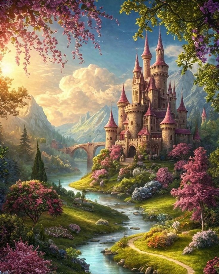 Výšivka Diamantový zámek Království Květiny Barevná zahrada Růžová pohádka 60x80 cm