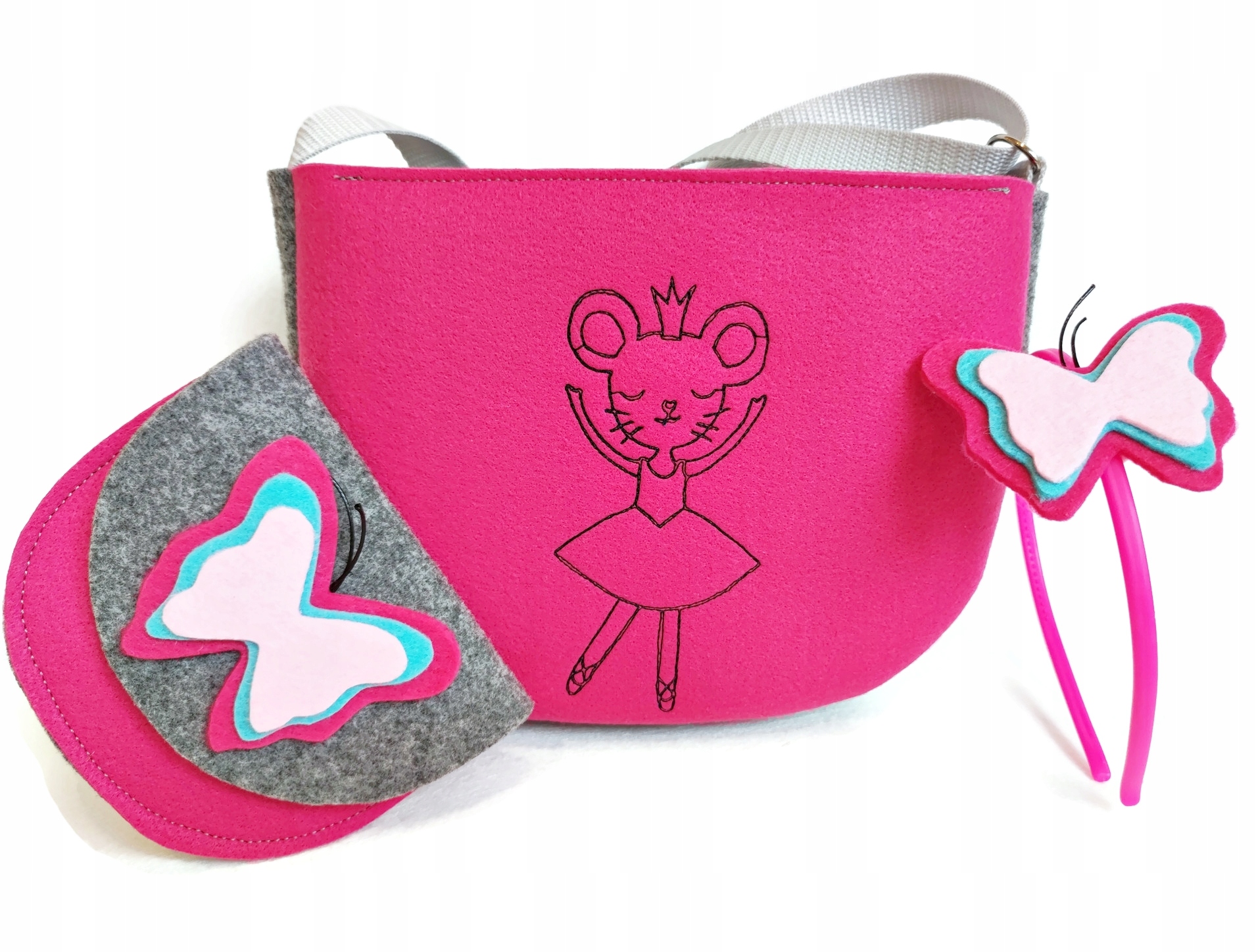 Růžová kabelka s baletní myškou jméno, přes rameno řemínek motýlek, peněženka