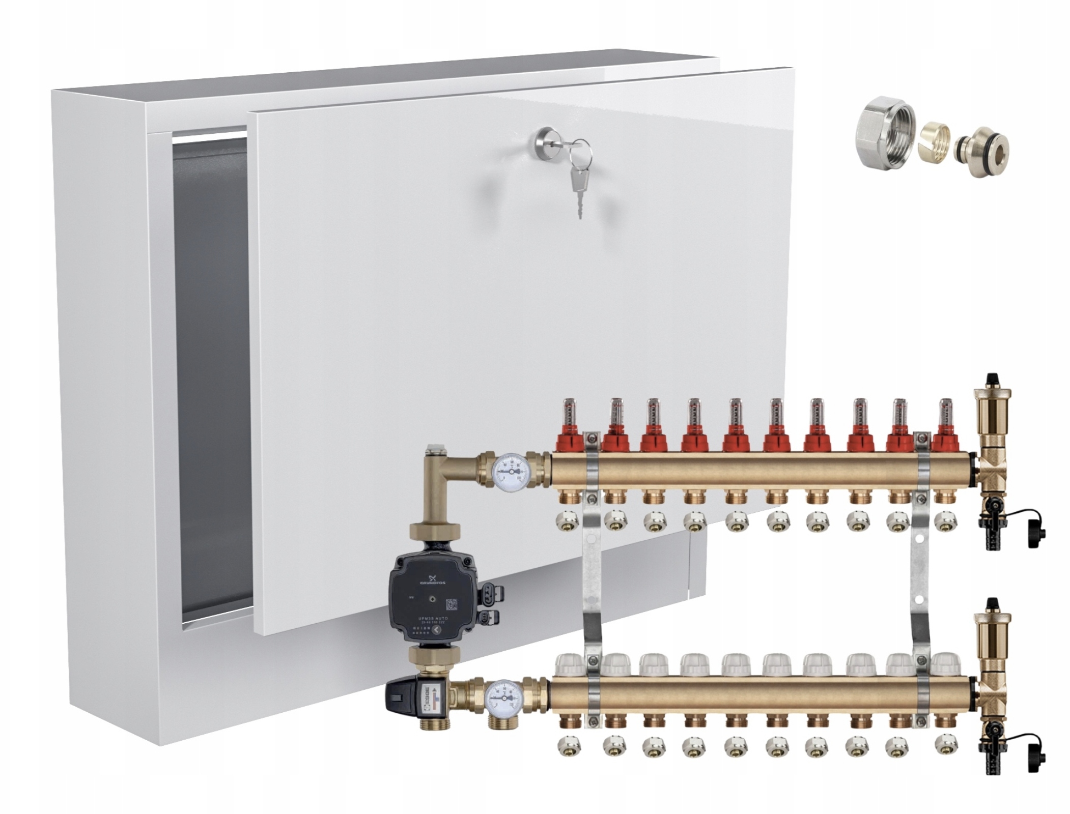 Rozdělovač pro podlahovku 10 s Grundfos Group Pex Nástěnná Skříňka