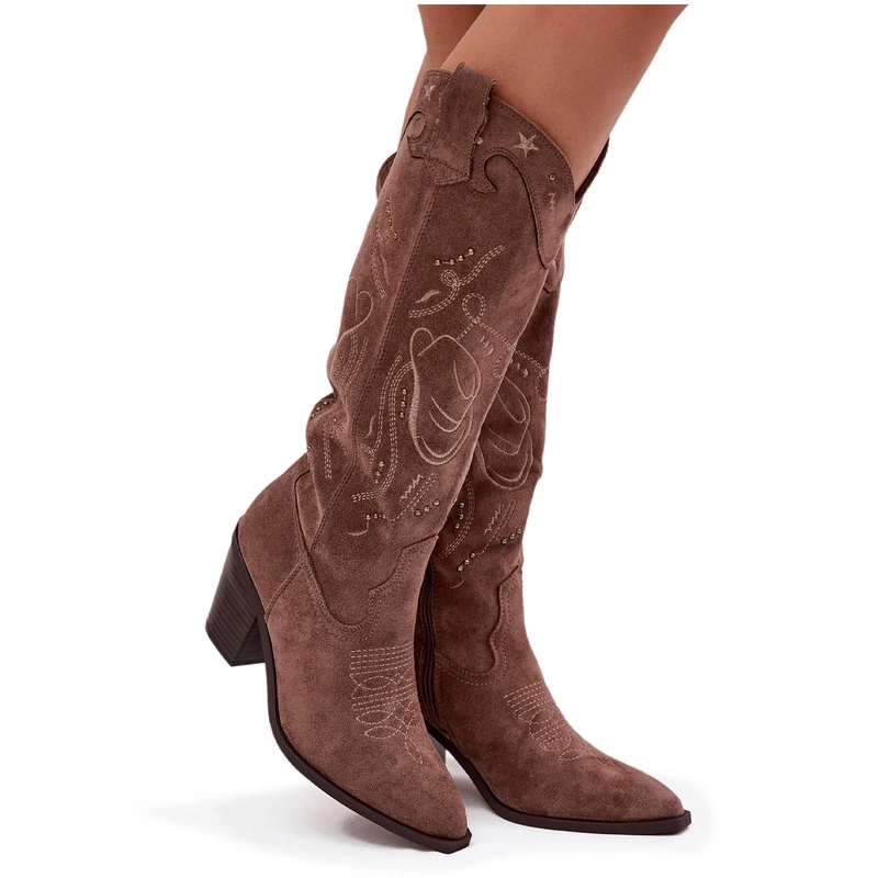 Kozačky Kovbojské Boty Eko Semišové Na Podpatku, Zasouvací Prošívání Khaki 41