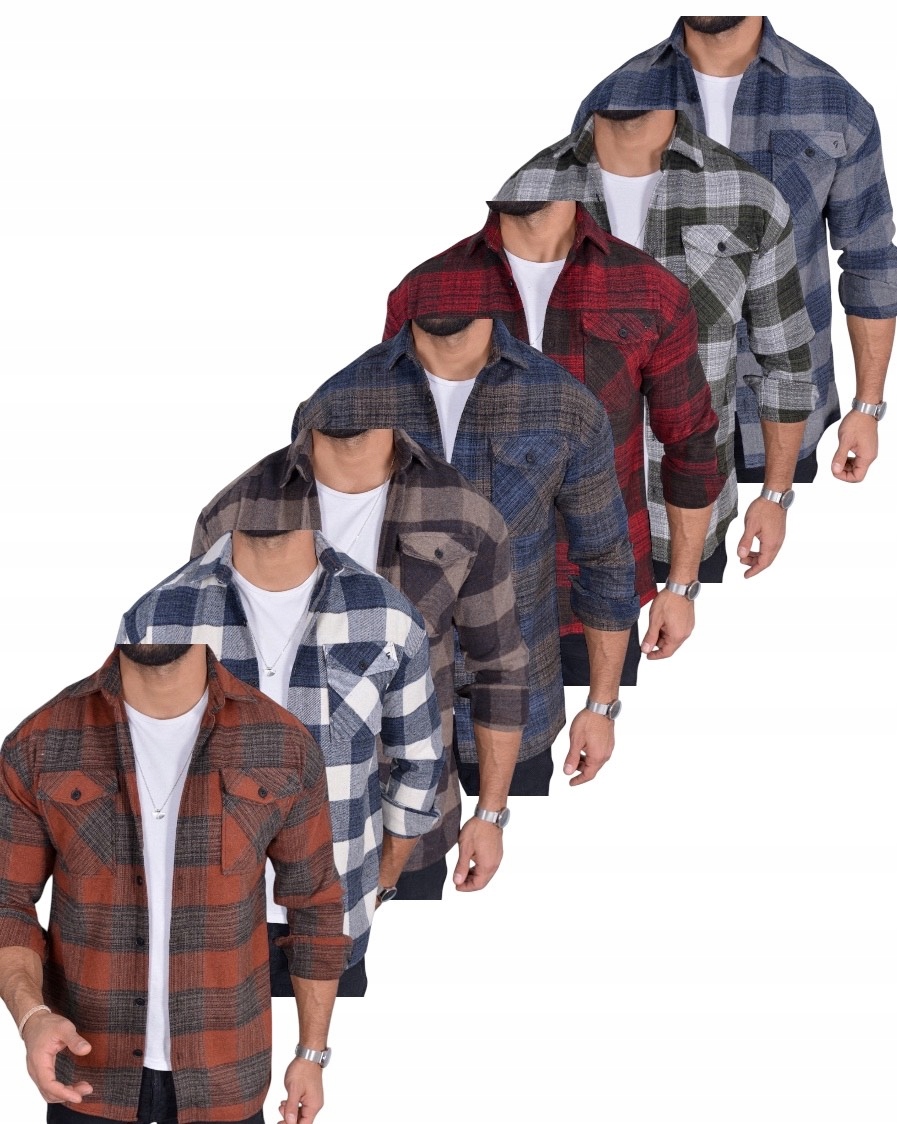FLANELOWA KOSZULA MĘSKA W KRATĘ KIESZONKI CASUAL - M Marka bez marki