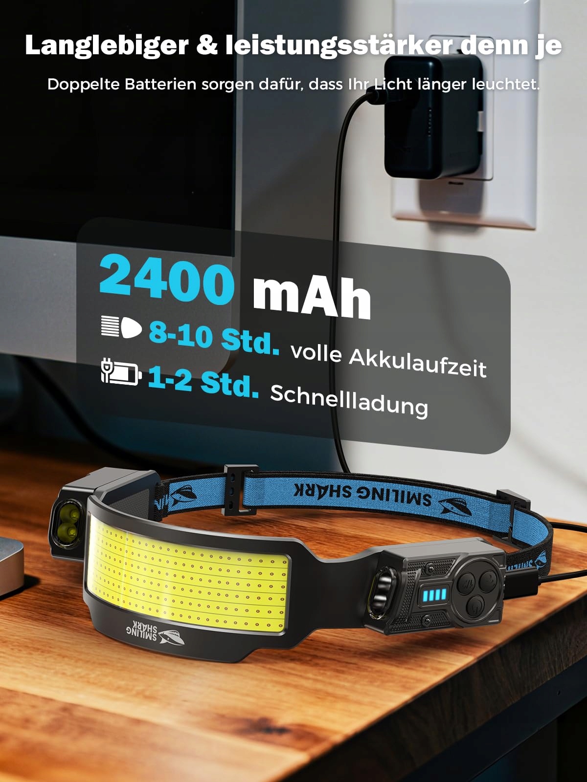 SMILING SHARK Latarka Czołowa LED 2 Sztuki 2400 mAh Akumulator Ruch Sensor — miniatura 5