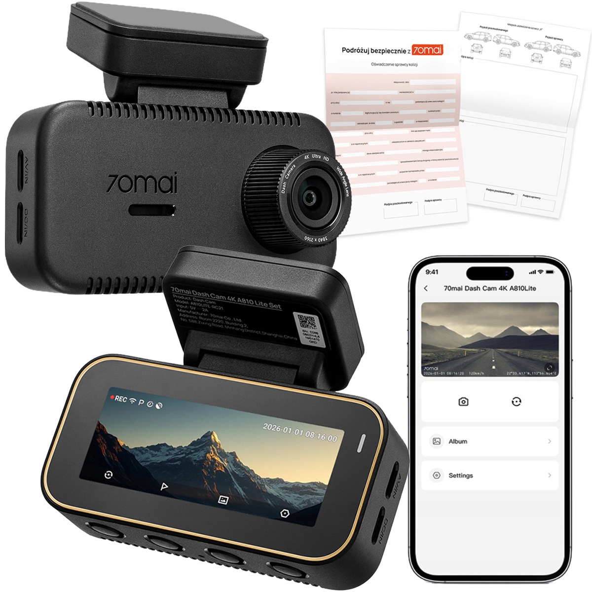 70mai Kamera samochodowa Dash Cam A810 Lite 4K Hdr formularz kolizji
