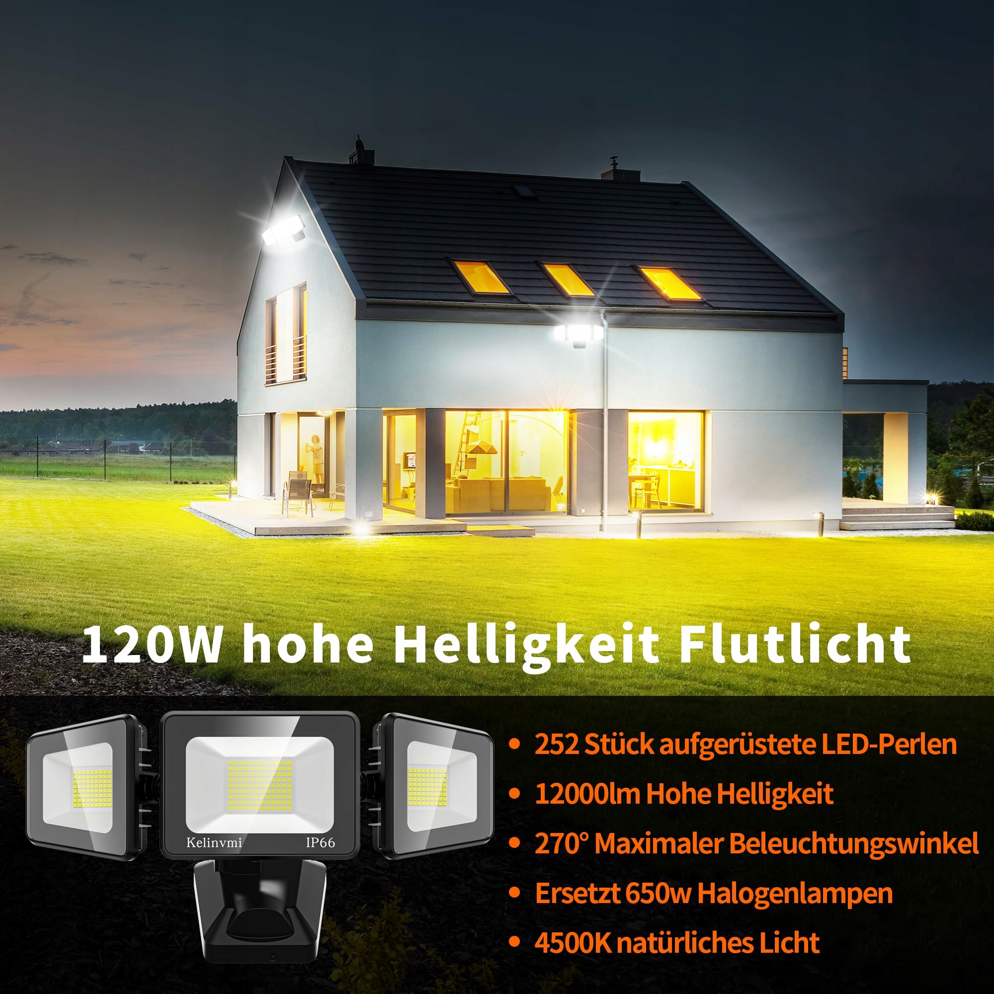 Naświetlacz LED 120W 12000lm 4500K IP66 Do Ogrodu Garażu Domu KELINVMI — miniatura 3