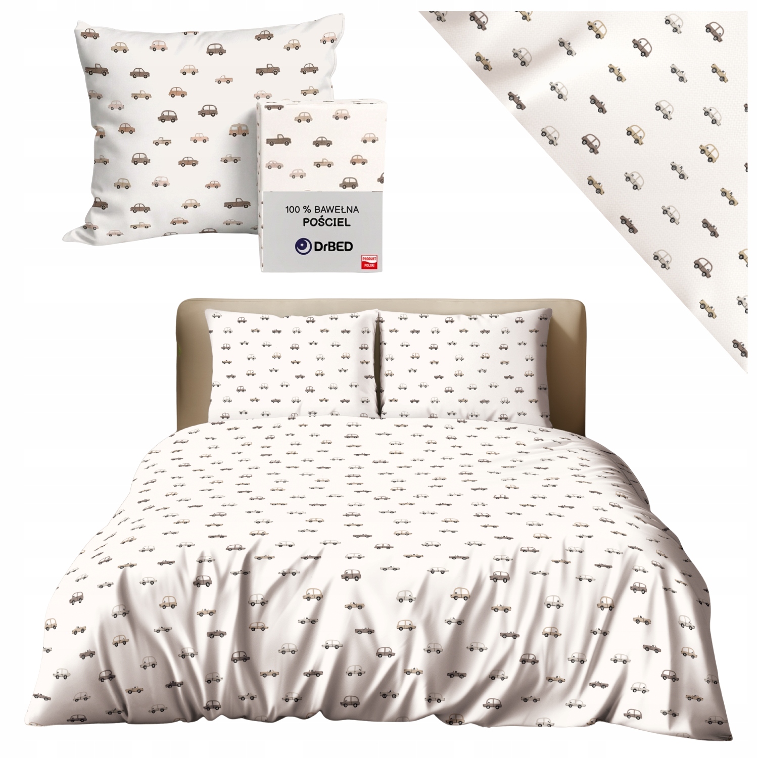 Sada Povlečení 140x200 pro děti chlapce Bavlna na zip Autka Polska