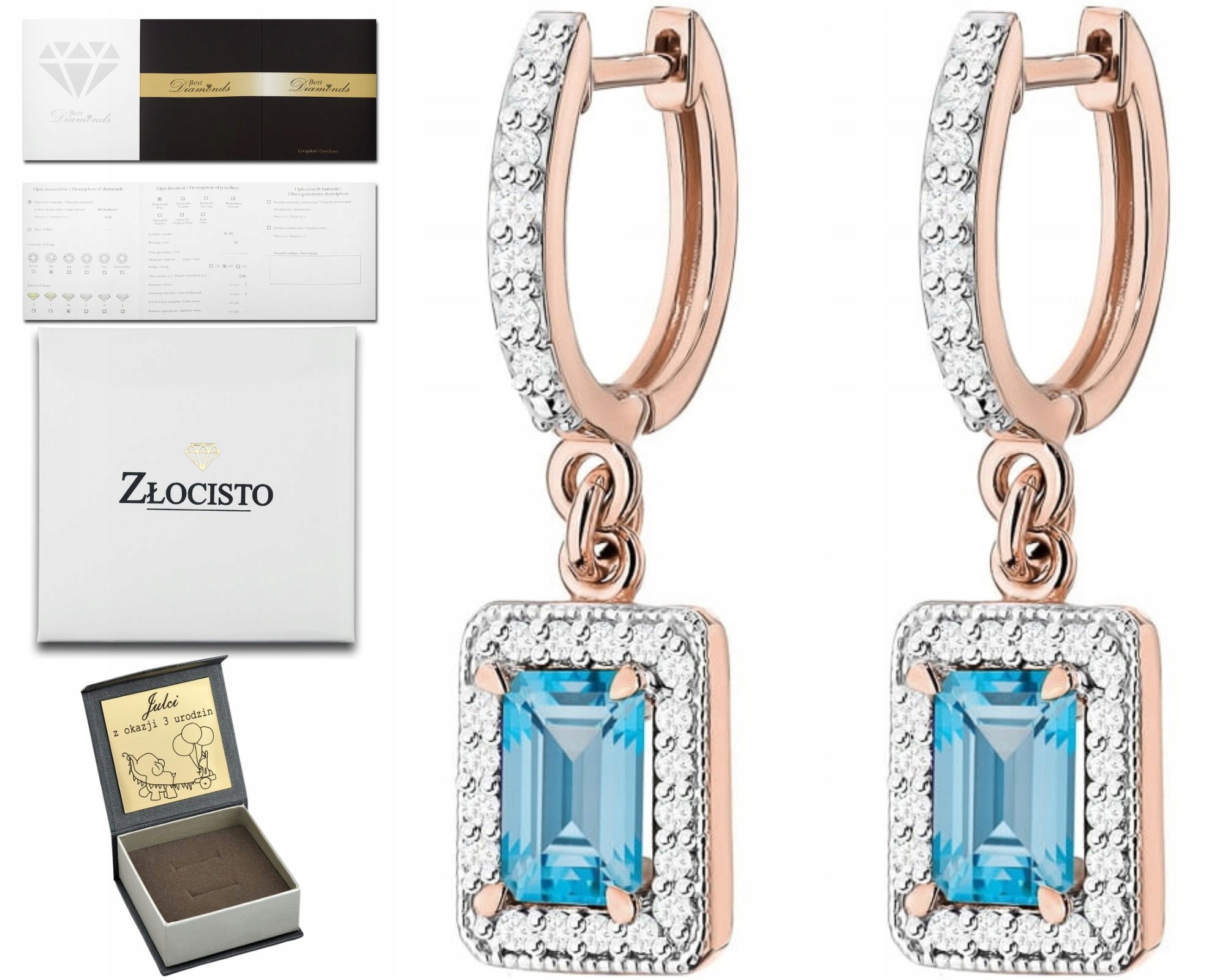 Náušnice S Modrými Topazy, Brilianty, Diamanty, Růžové Zlato 585