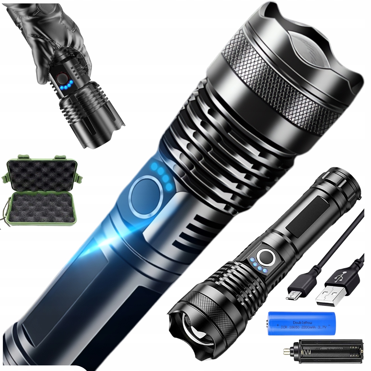 Latarka Taktyczna Led Mocna Zoom Akumulatorowa Survival Wodoodporna Metal