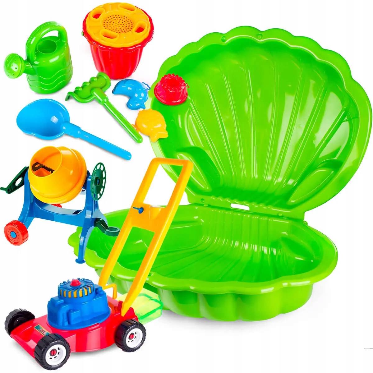 PIASKOWNICA Z POKRYWĄ MUSZLA 2 EL BETONIARKA KOSIARKA ZESTAW DO PIASKU