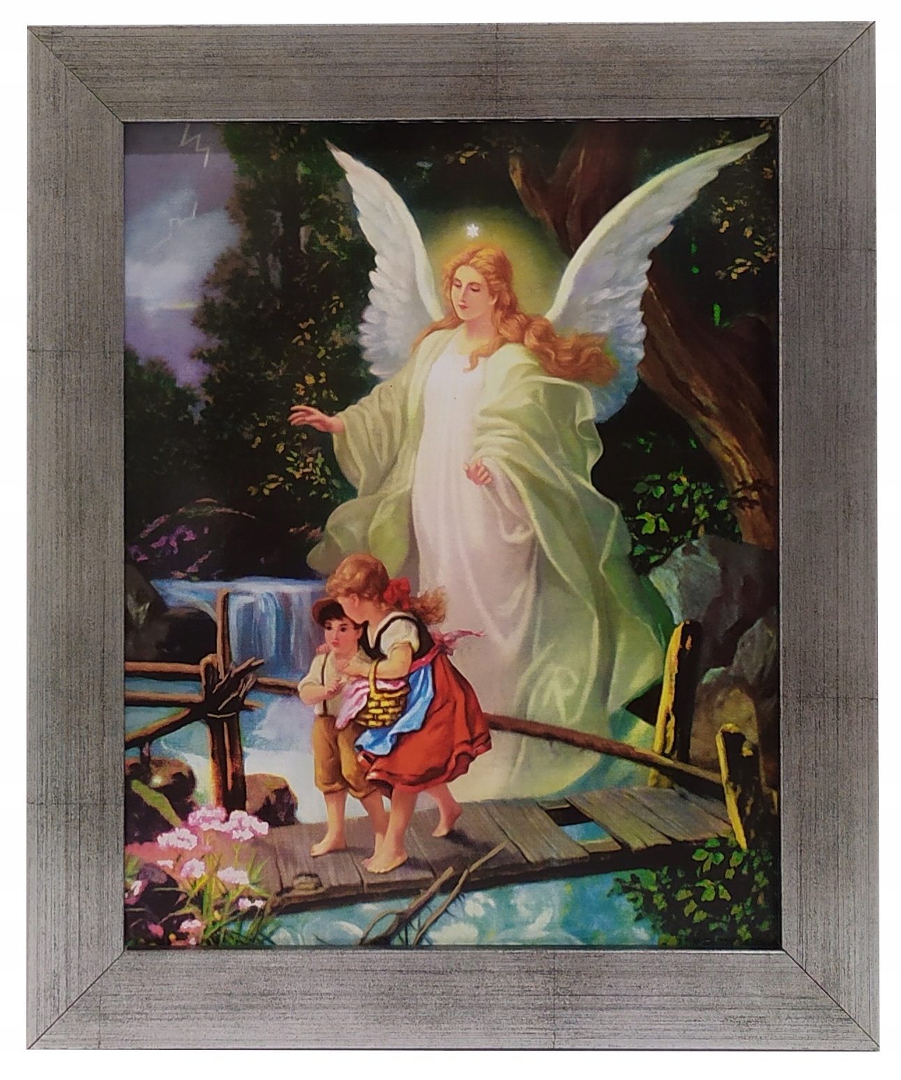 OBRAZ ŚW. ANIOŁA STRÓŻA ANIOŁKA 25X30 SREBRNA RAMA