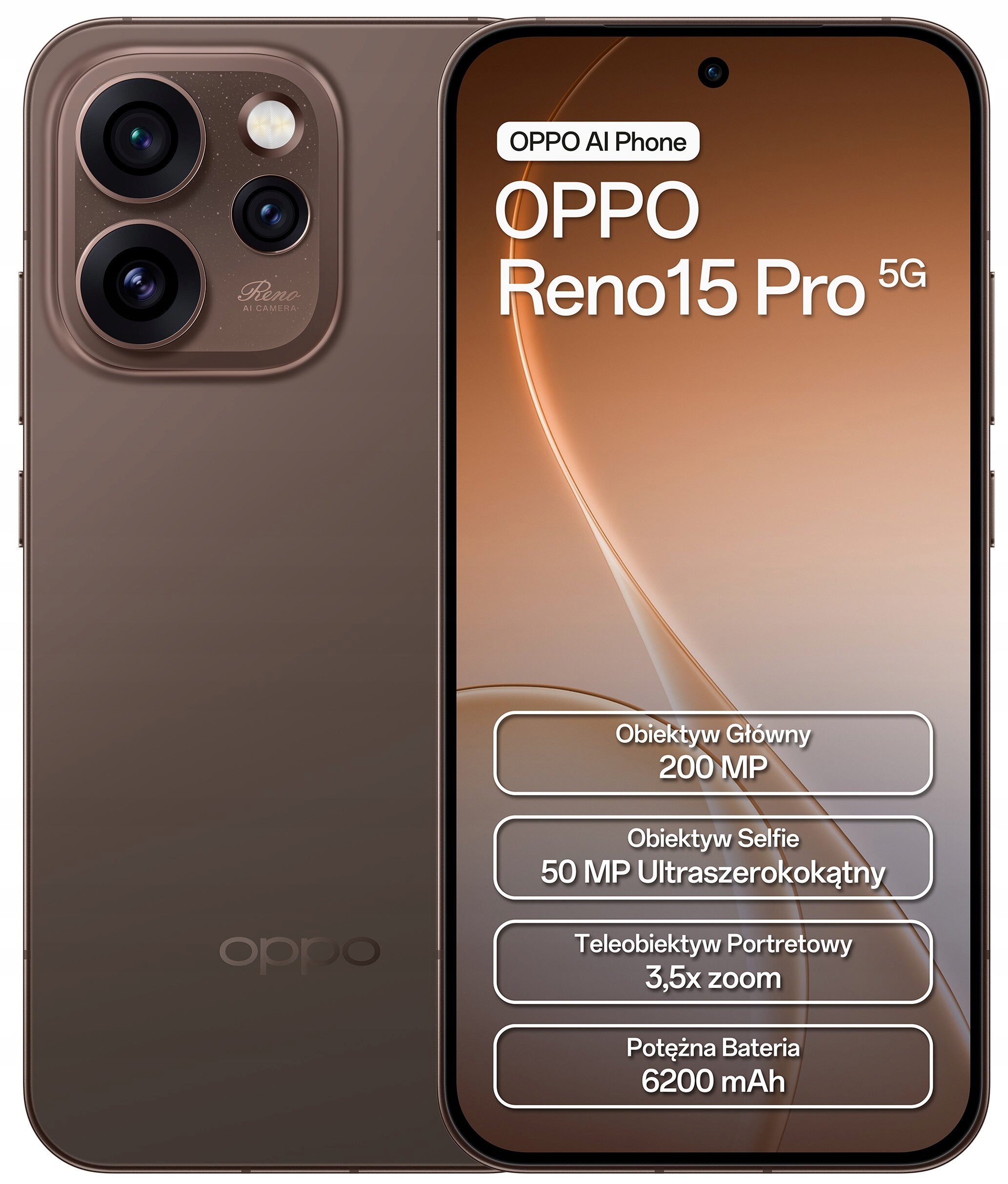 Smartfon OPPO Reno15 Pro 5G 12/512GB OLED 6,32'' 120Hz 200Mpix brązowy