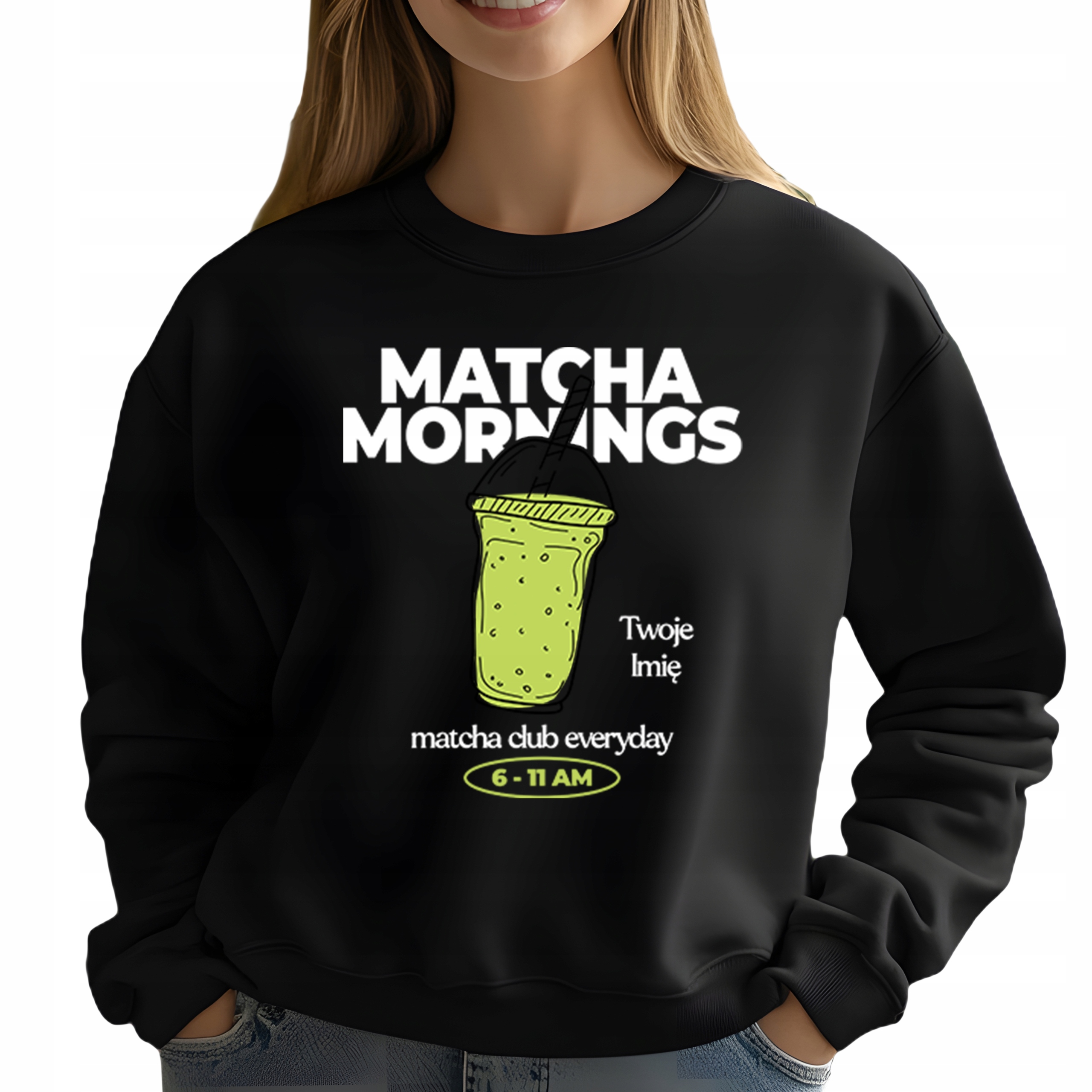 Mikina Černá Módní pro milovnici Matchy Matcha Mornings Jméno M