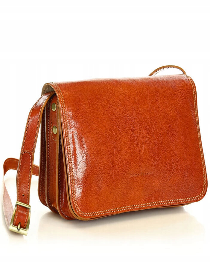 Torebka skórzana listonoszka damska z klapką camel Marco Mazzini