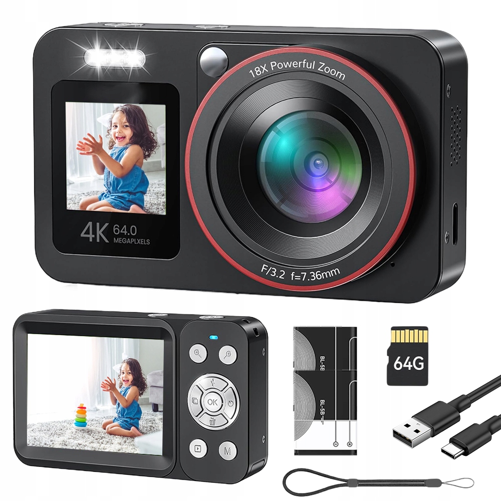 Digitální Fotoaparát Pro Děti, Fotografická Kamera 4K 18X Zoom 64GB