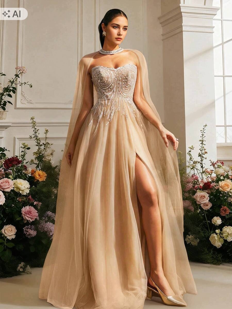 Shein Elegantní Šaty S Tylovou Cape A Flitry L 1LA