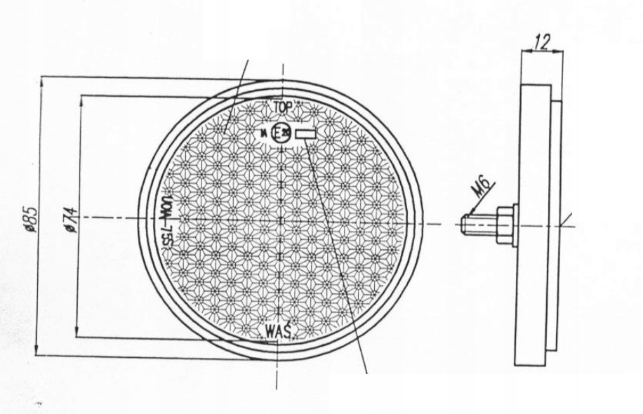 Odblask okrągły czerwony ze śrubą M6 przyczepy kempingu Fi75S WAŚ Marka WAS