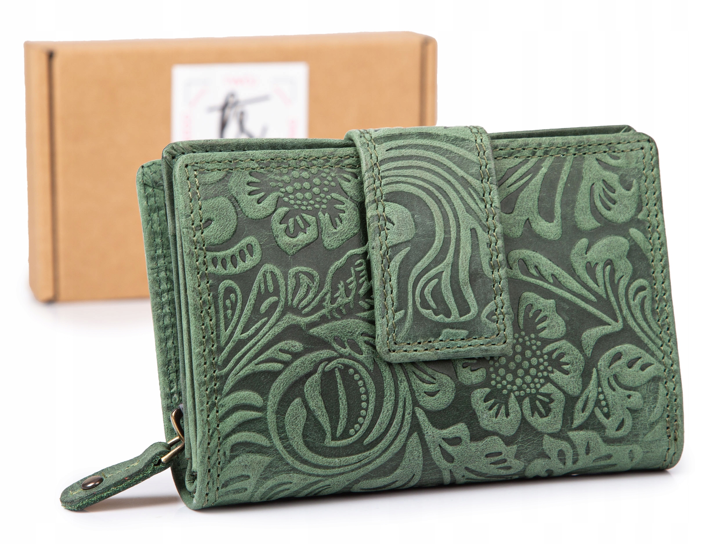 Skórzany portfel damski w kwiaty matowy w stylu vintage średni Rfid zielony