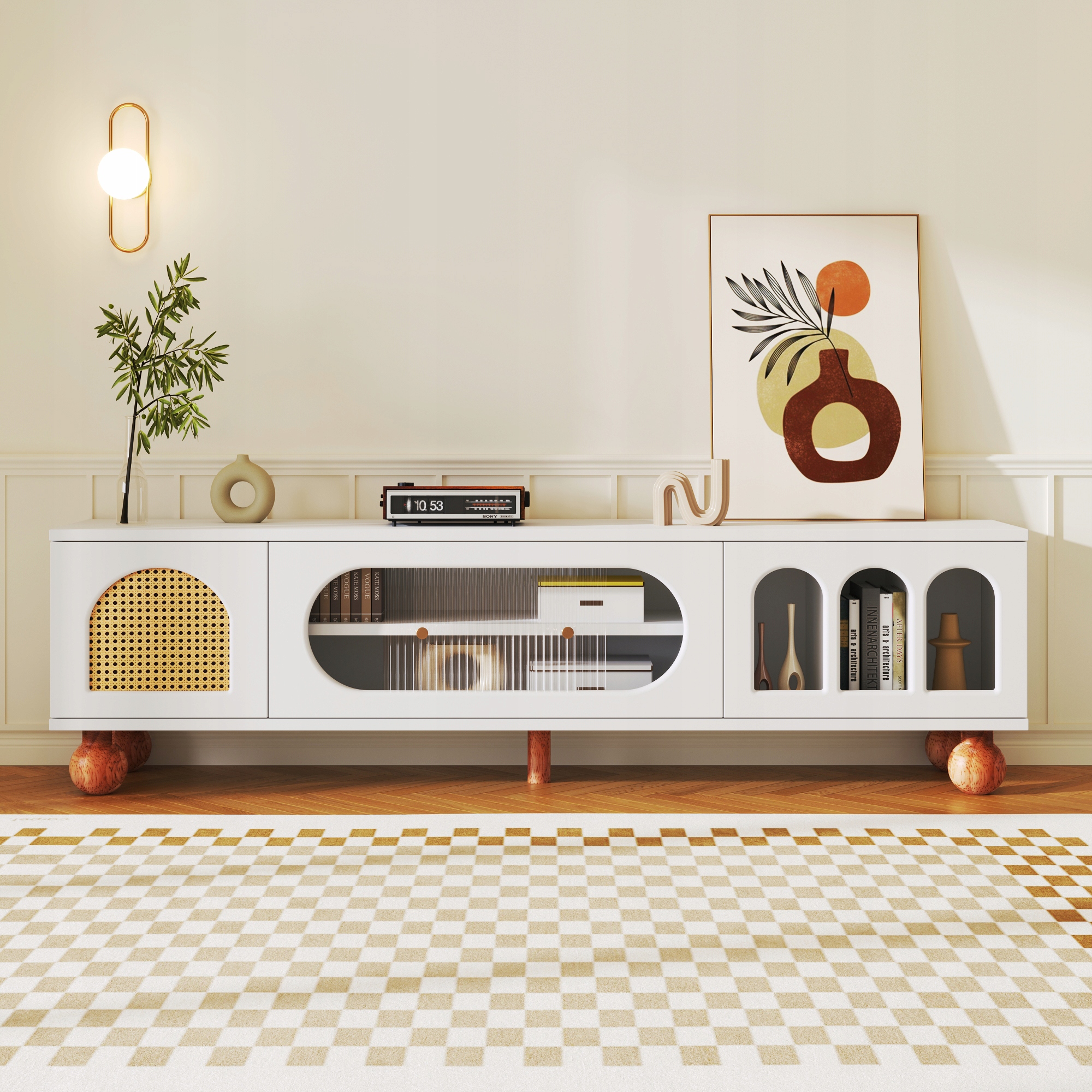 Rtv skříňka s posuvnými skleněnými ratanovými dveřmi 170x37x47 cm
