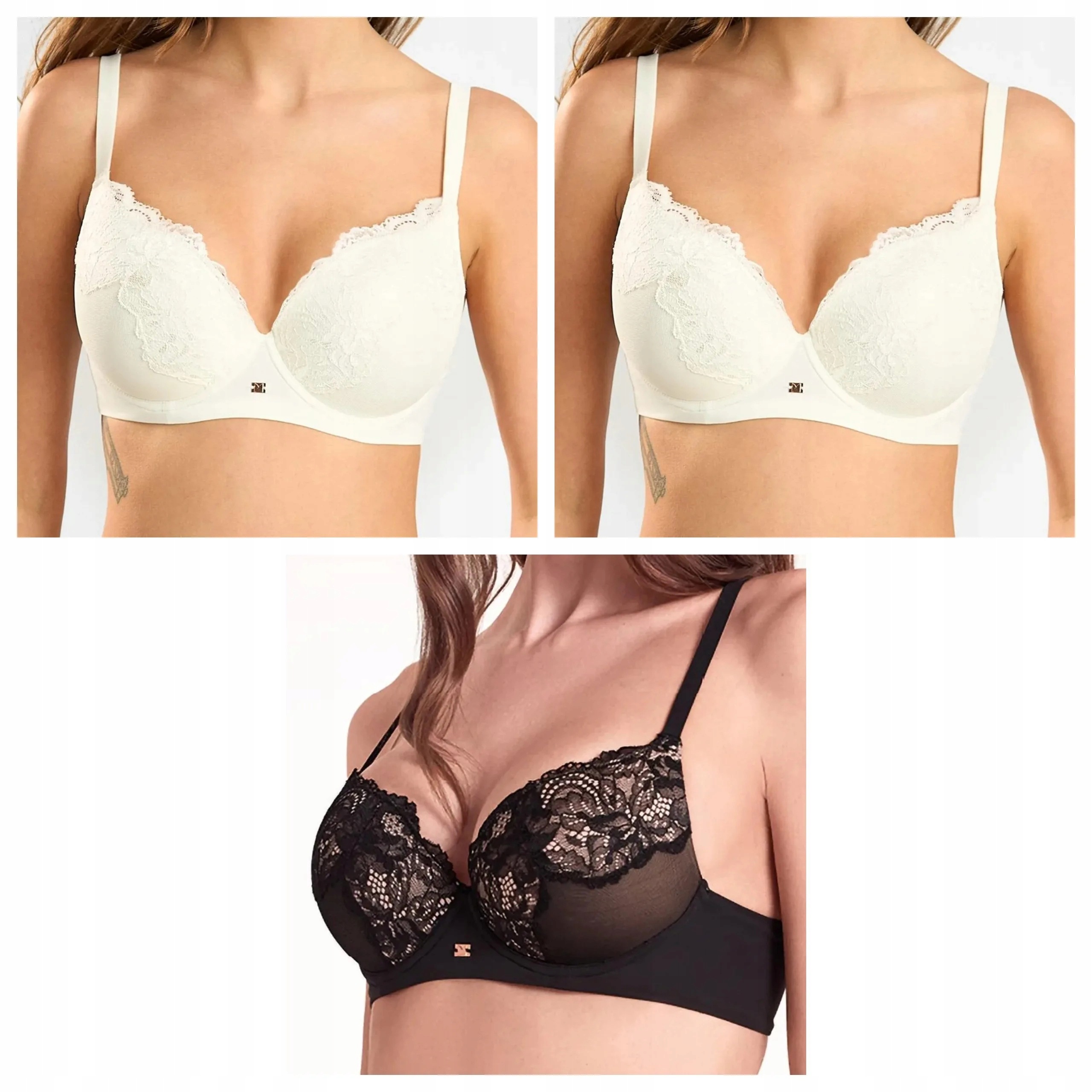 3 ks Podprsenka Lormar Saten 1900 plunge push-up 2x ecru černá 90C