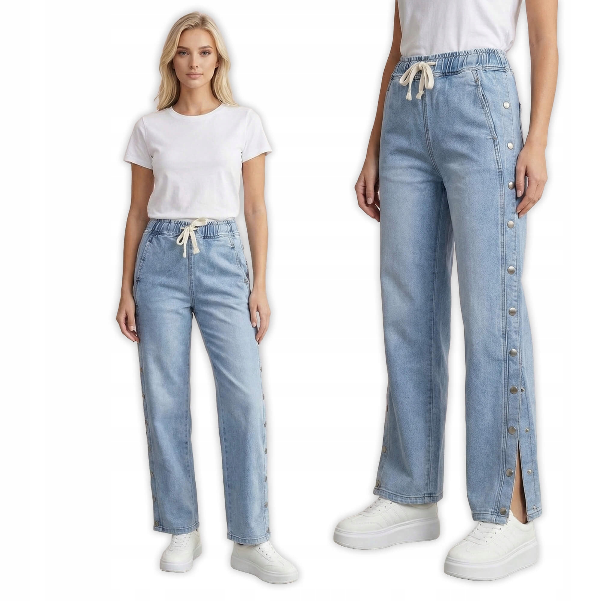 Spodnie jeans M.Sara damskie wide leg zatrzaski po bokach J.Niebieskie M