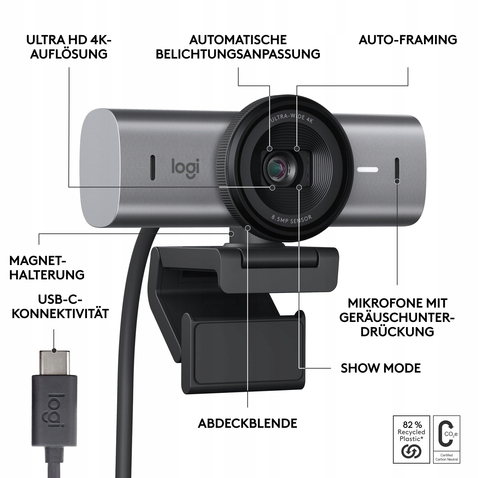 LOGITECH MX Brio 4K Ultra HD Kamera USB-C z Redukcją Szumów — miniatura 7
