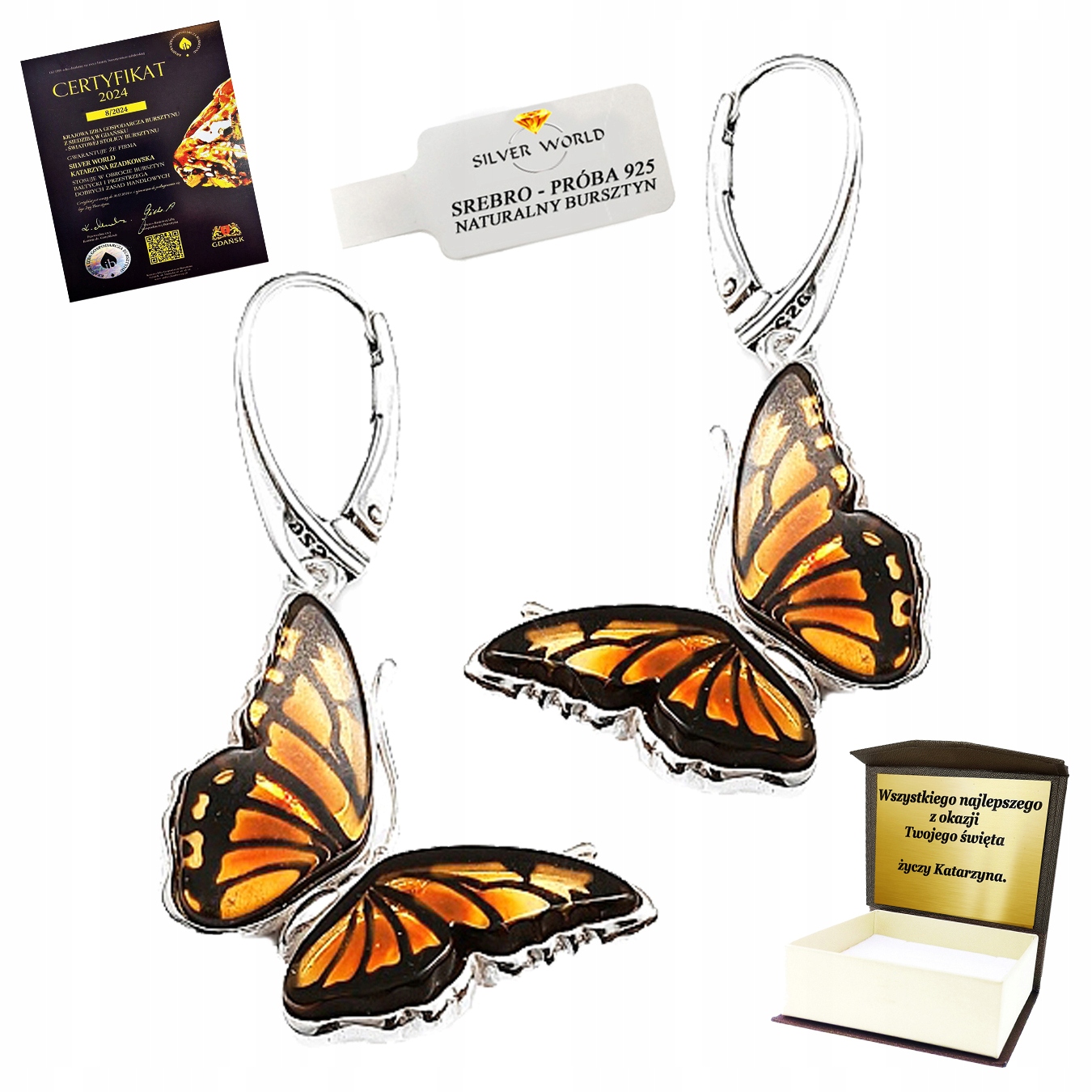 Stříbrné Náušnice S Jantarem, Závěsné, Vyřezávané Motýly Gravírování Bonus