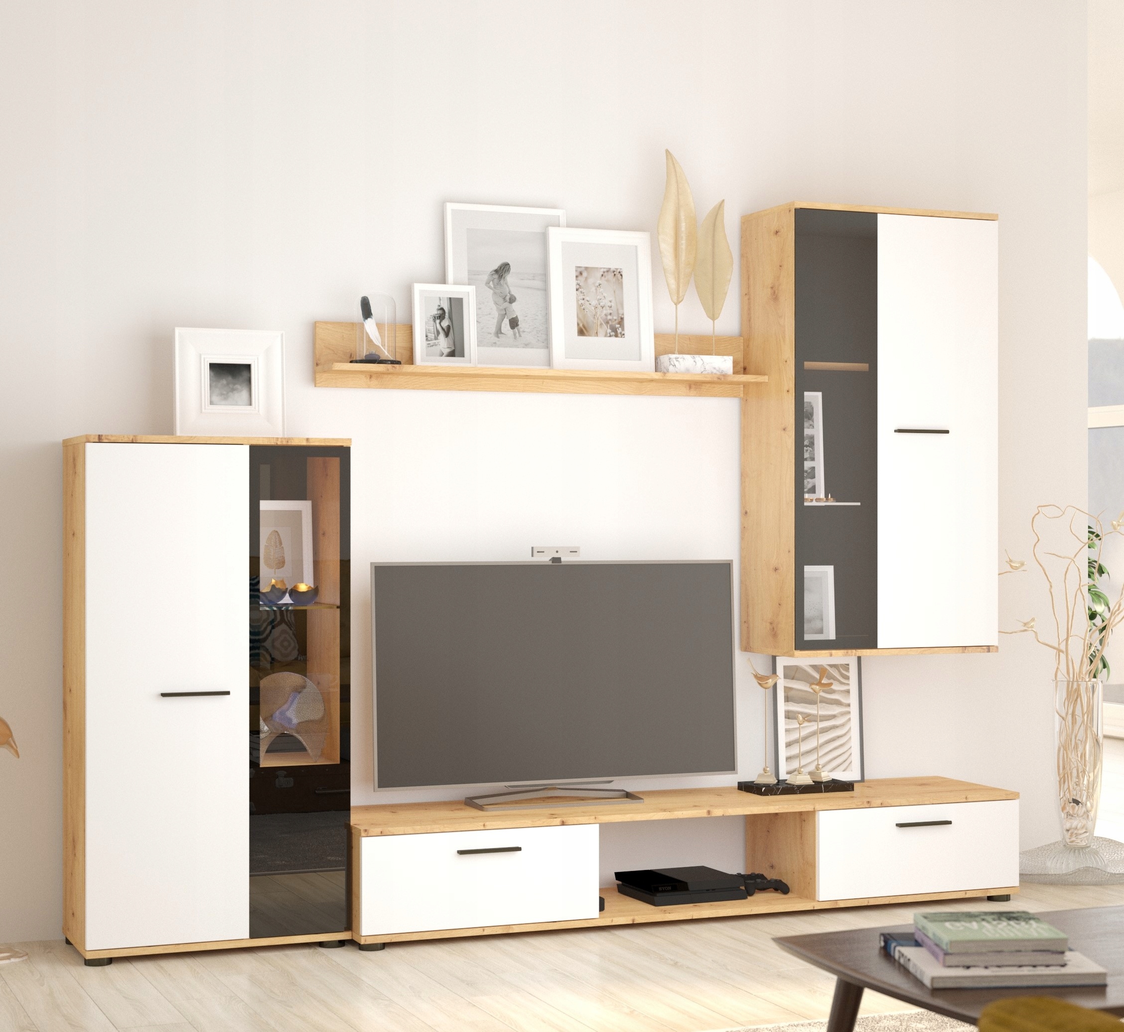 Meblościanka Kuba ARTISAN / BIAŁY Led WITRYNA RTV