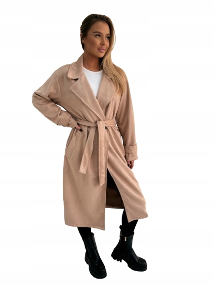 Płaszcz trencz damski zamszowy dwurzędowy z kołnierzem wiązany beżowy