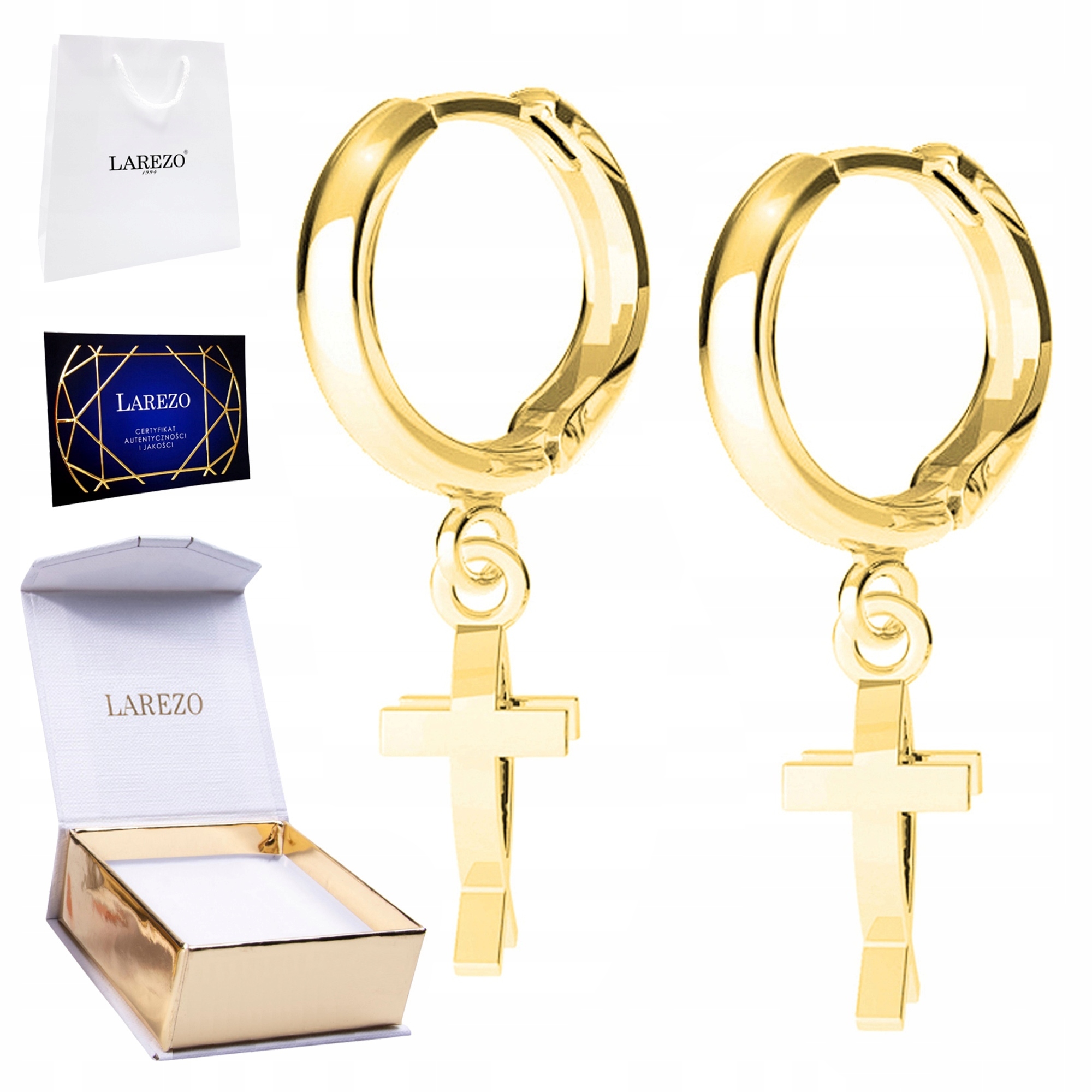 Zlaté Náušnice 925 s křížky Náboženské křížky Rybí kříž Pozlacené 585