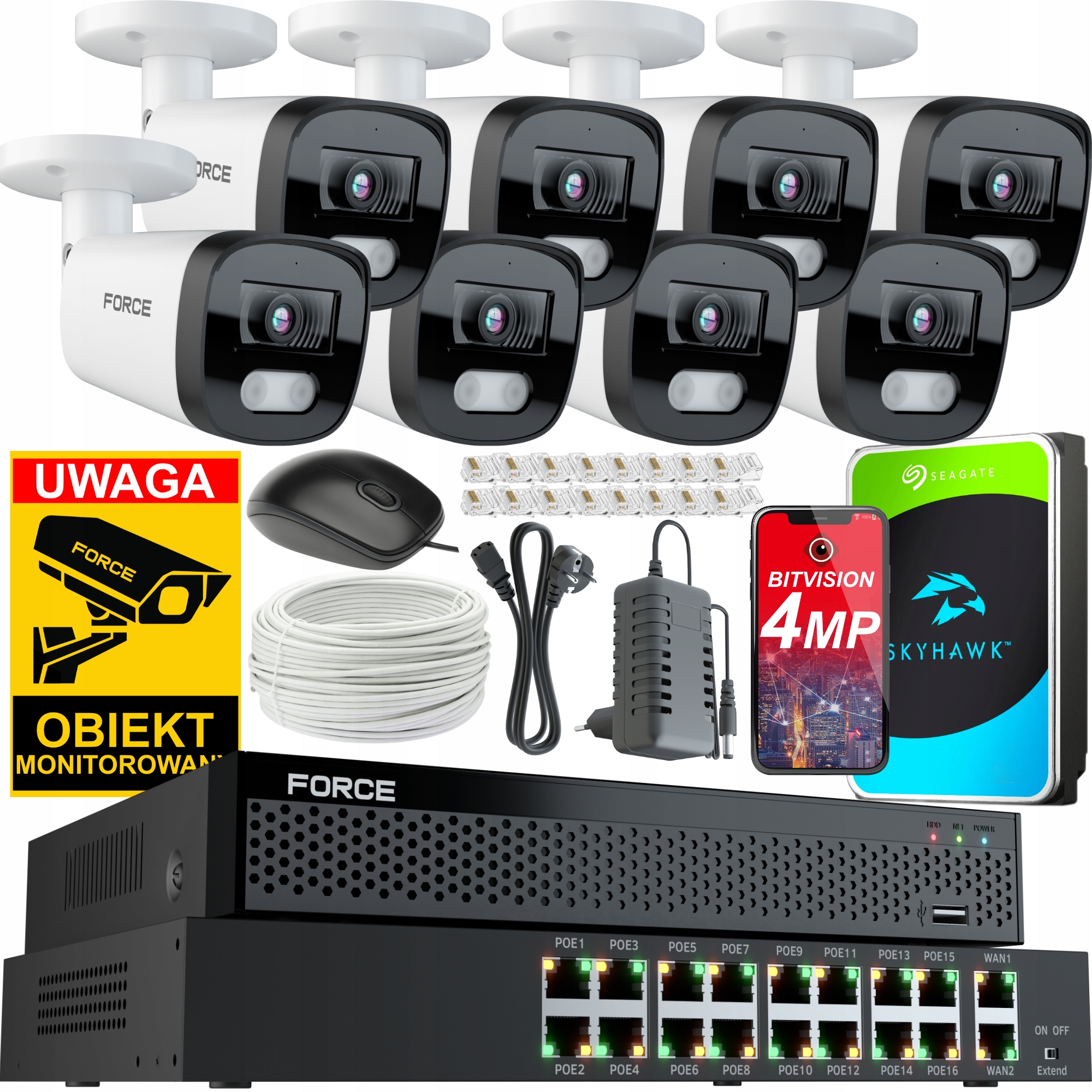 Force Sada monitorovania 8x Ip kamera 4MPx 2K, Disk 1TB Switch Poe 16CH