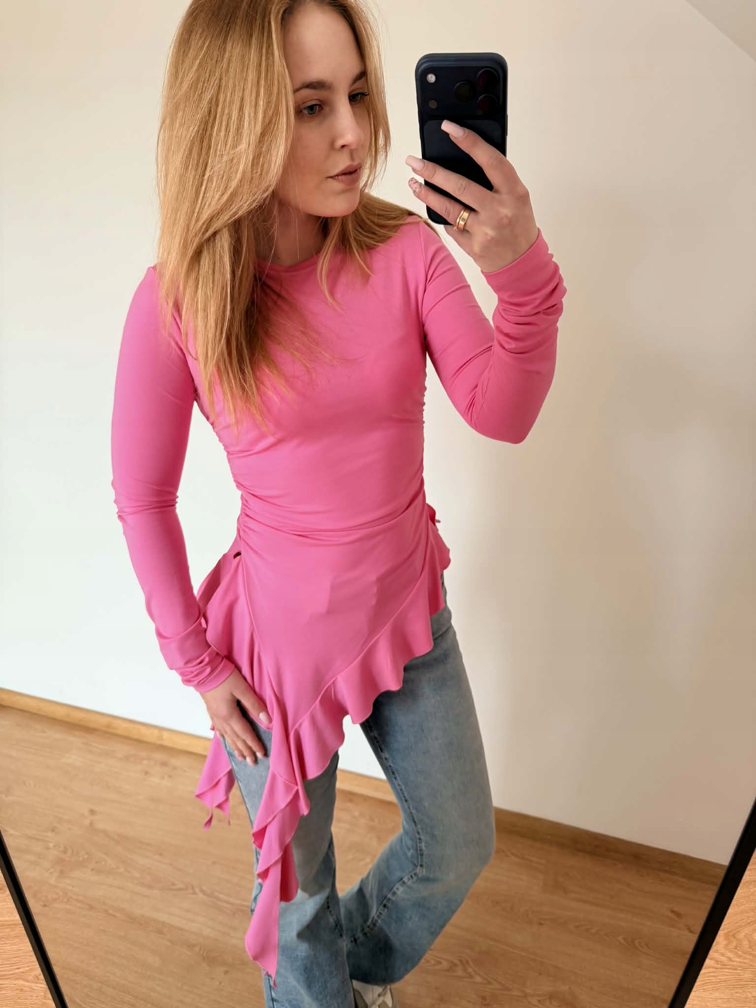 Dámská Asymetrická Halenka S Volánkem, Růžová, Velikost M/38