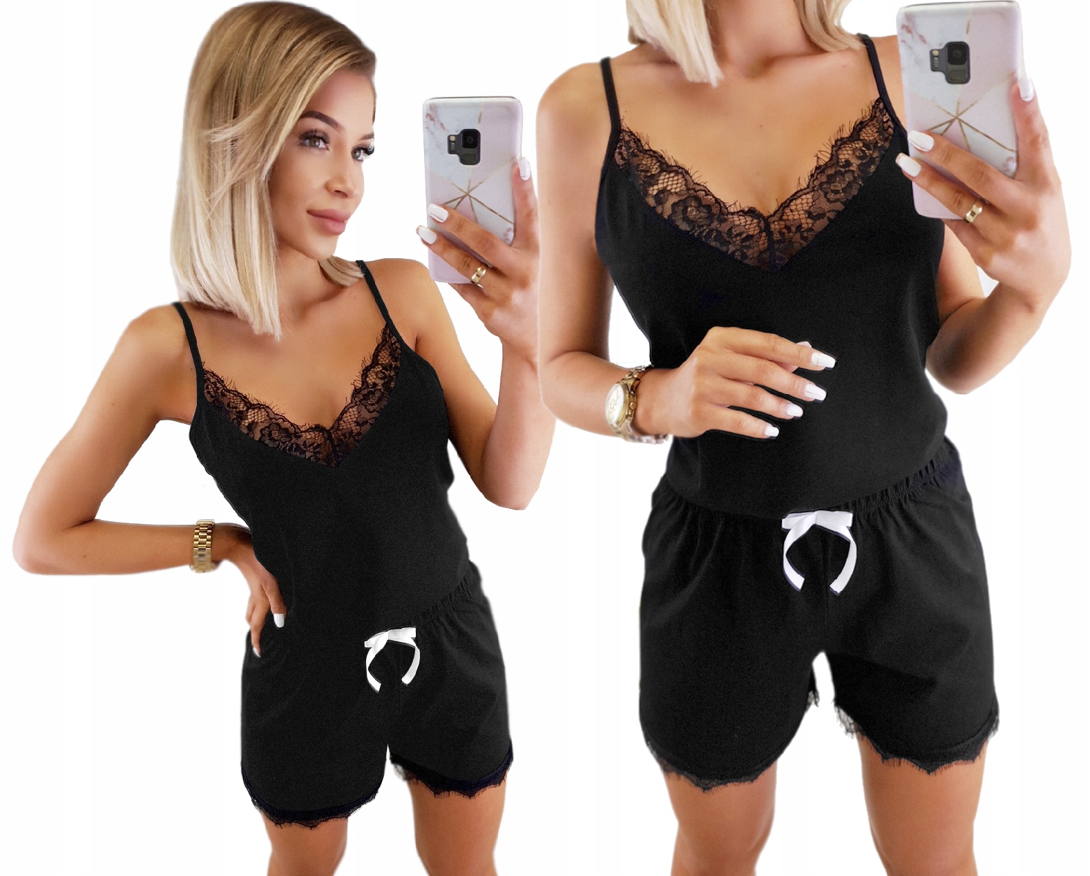 

Bawełniana Kobieca Piżama V-neck Zmysłowa Koronka