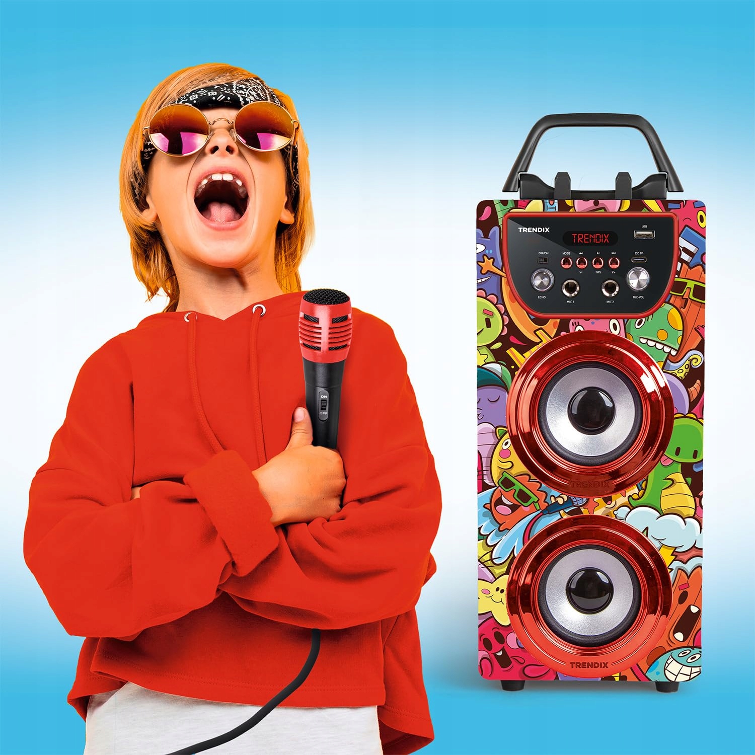 TRENDIX Karaoke Dla Dzieci Z Mikrofonami Bluetooth USB Radio FM SD — miniatura 4