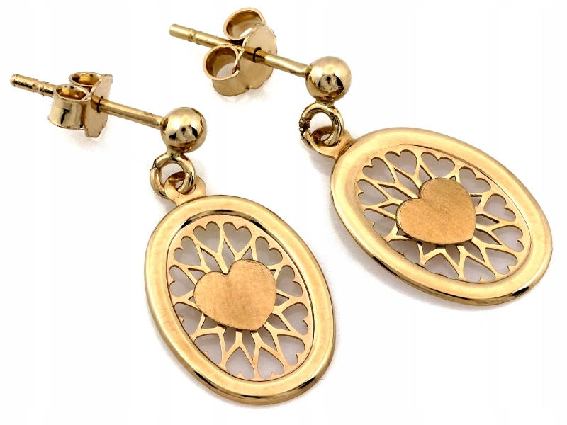 Závěsné zlaté náušnice 585 s ažurovými srdíčky a srdcem na tyči jsou módní