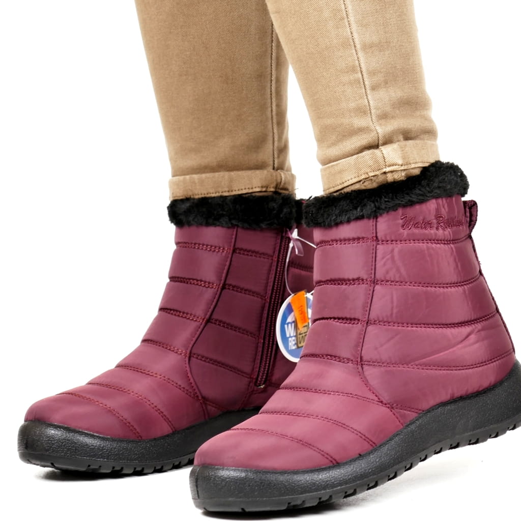 Bordové Dámské Nízké Lehké Sněhule Na Zip, Voděodolné, S Kožešinou, Velikost 41