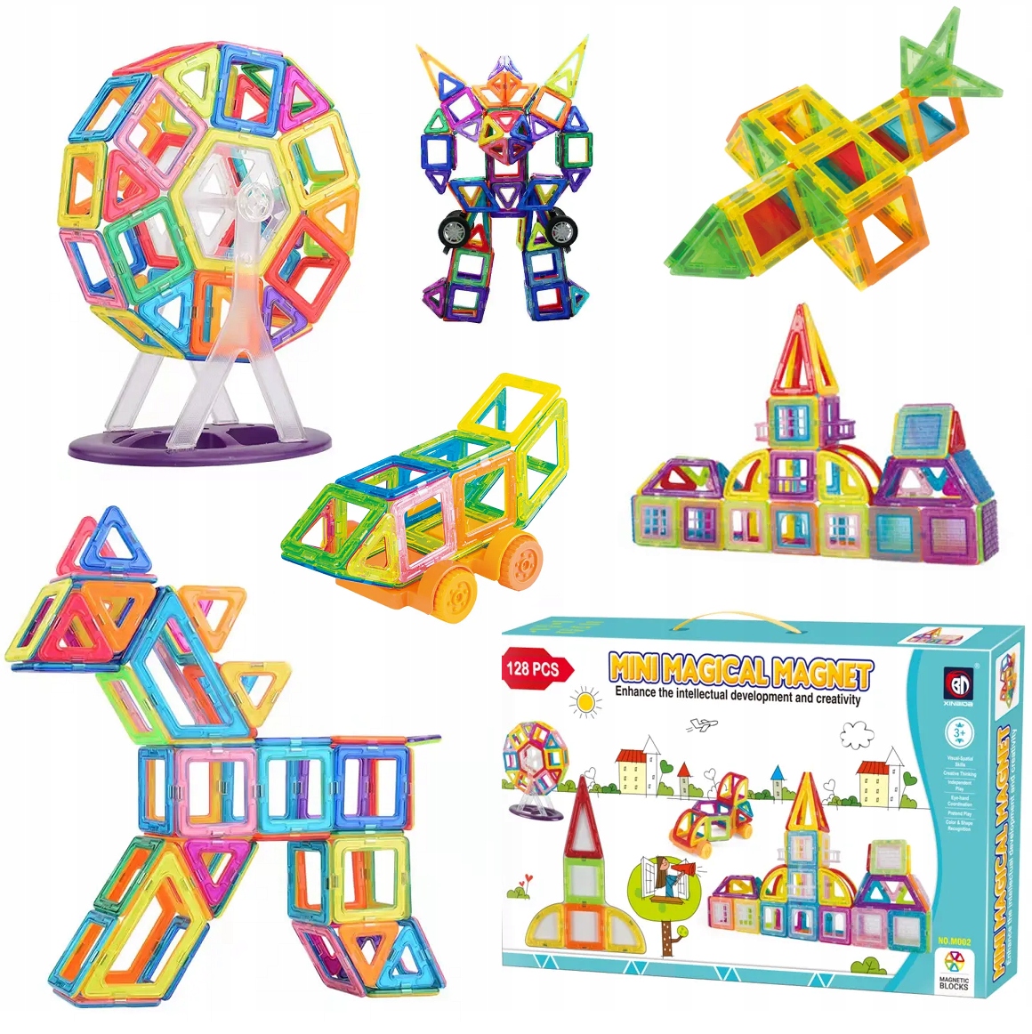 KLOCKI MAGNETYCZNE KONSTRUKCYJNE 3D ZESTAW 128 ELEMENTÓW DLA DZIECKA