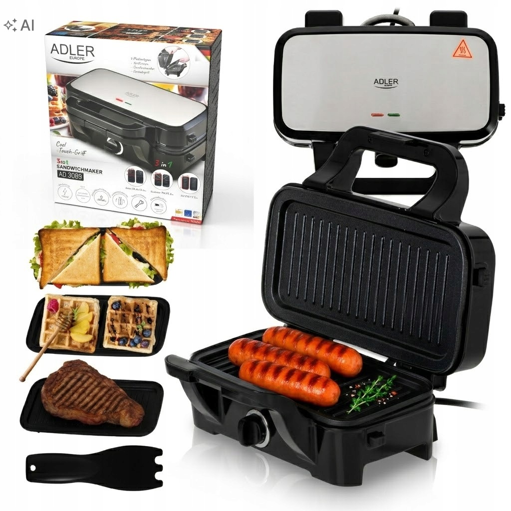 Sendvičovač Sendvičov Toustovač Vaflovač Grill Panini 3v1 XL Regulácia Teploty Adler