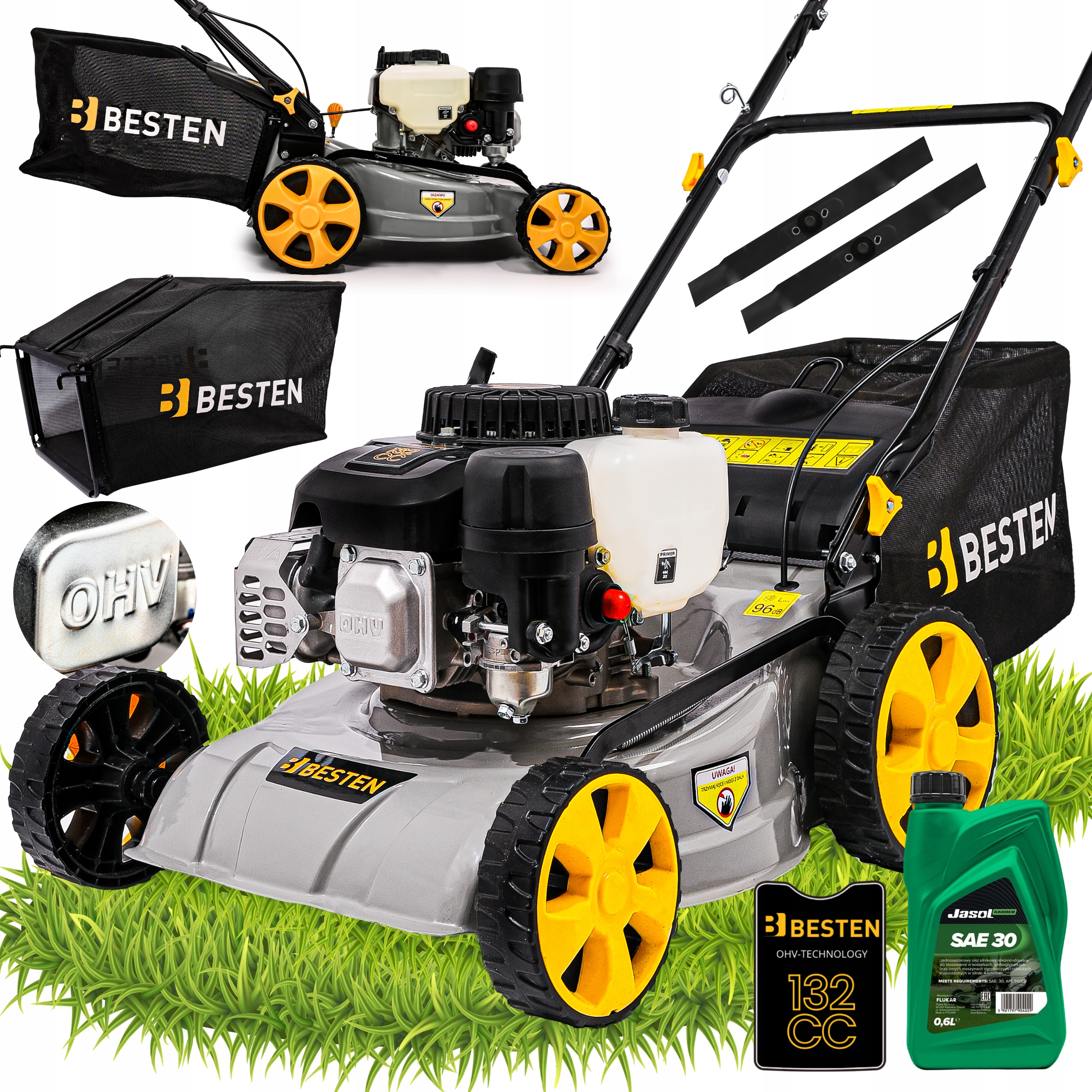Kosiarka Spalinowa Do Trawy Z Napędem Mocna Kosz 40L Pojemność 132CC