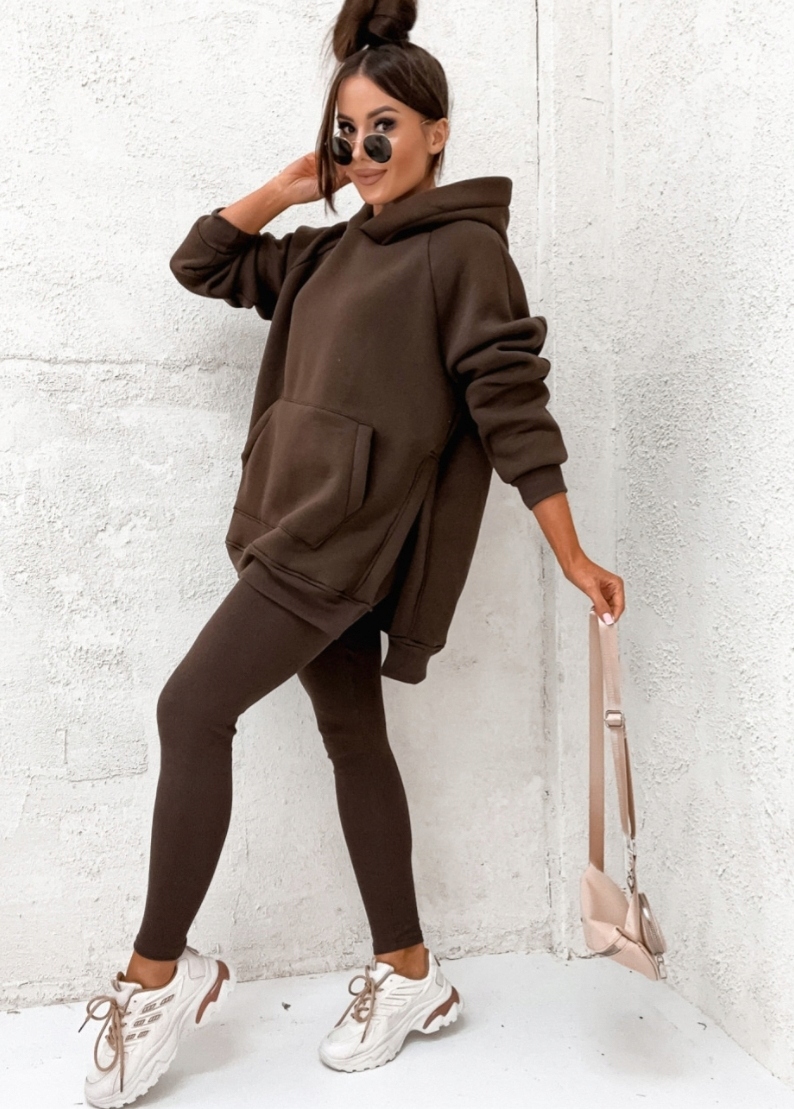 KOMPLET DRESOWY OCIEPLANY DŁUGA BLUZA Z ROZCIĘCIAMI I LEGGINSY BRĄZ Rozmiar uniwersalny