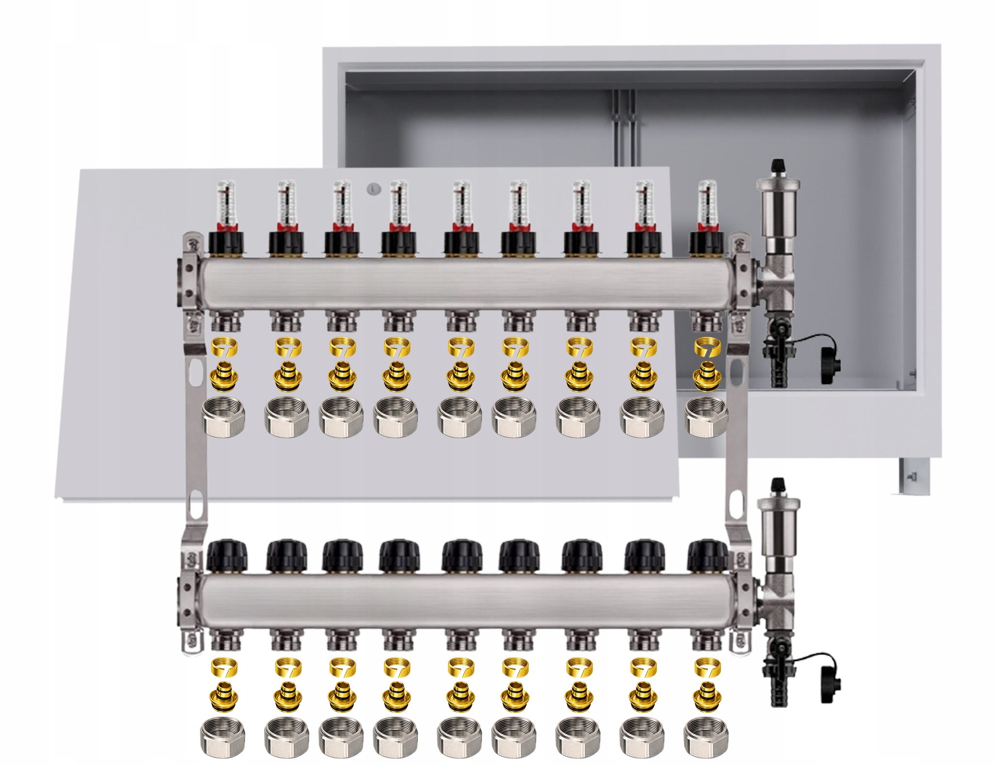 Nerezový rozdělovač pro podlahovku 9 okruhů s podomítkovou schránkou Pex