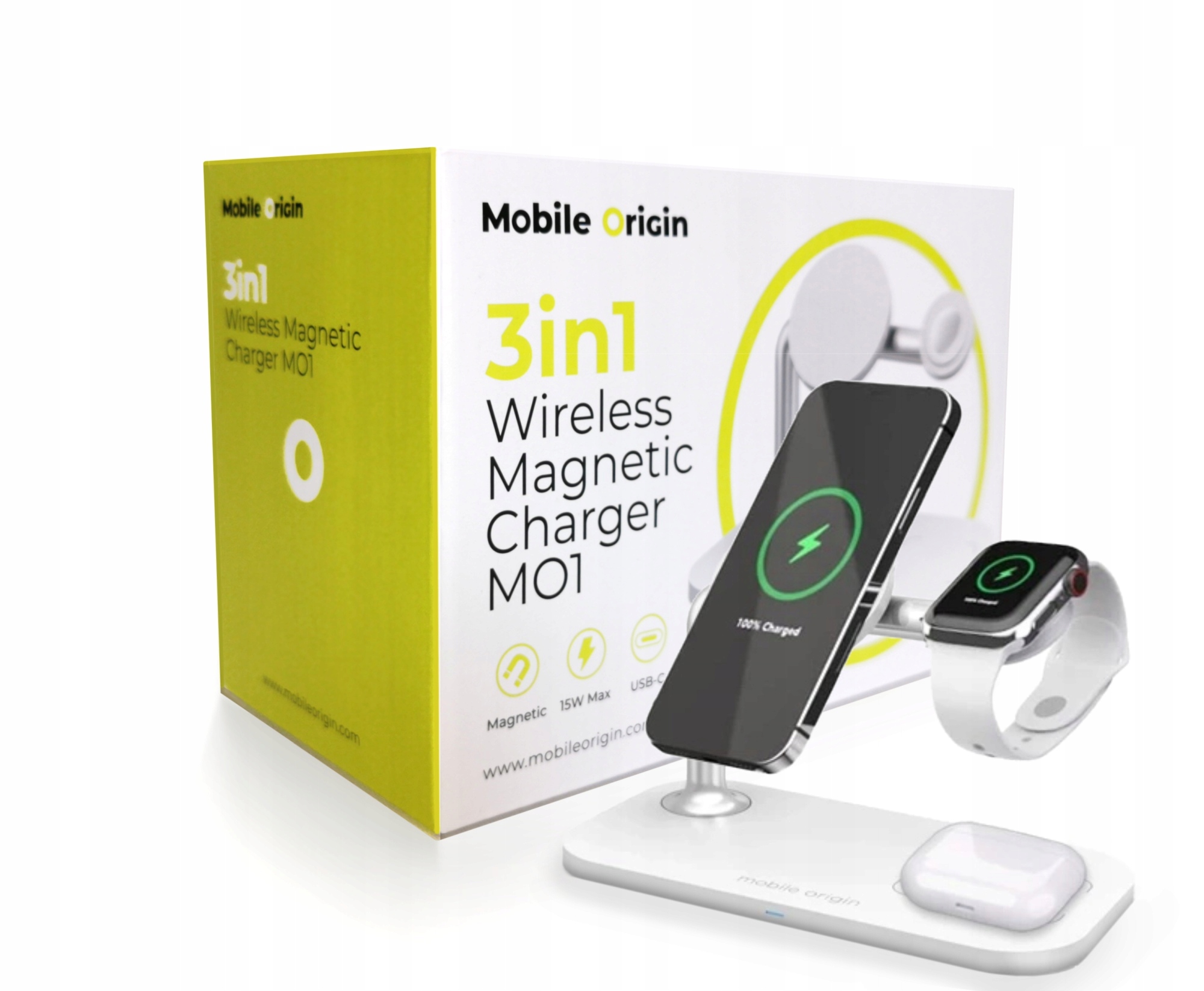 Indukční nabíječka Qi, 3v1, pro telefon, hodinky, sluchátka, 15W, stylová