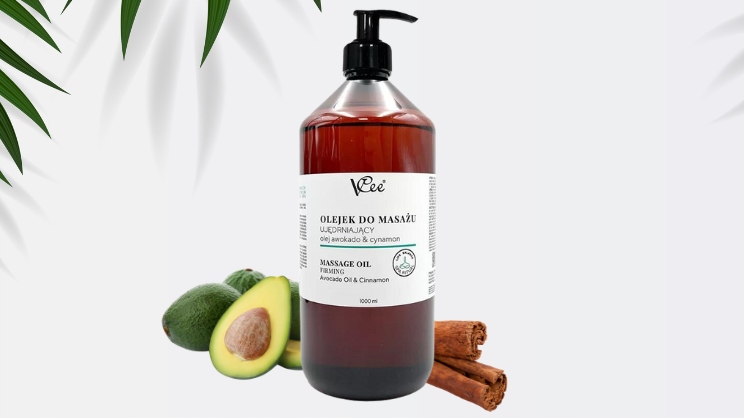 OLEJEK UJĘDRNIAJĄCY DO MASAŻU 1000ML VCEE ORYGINALNY Avocado Oil & Cinnamon Marka VCee