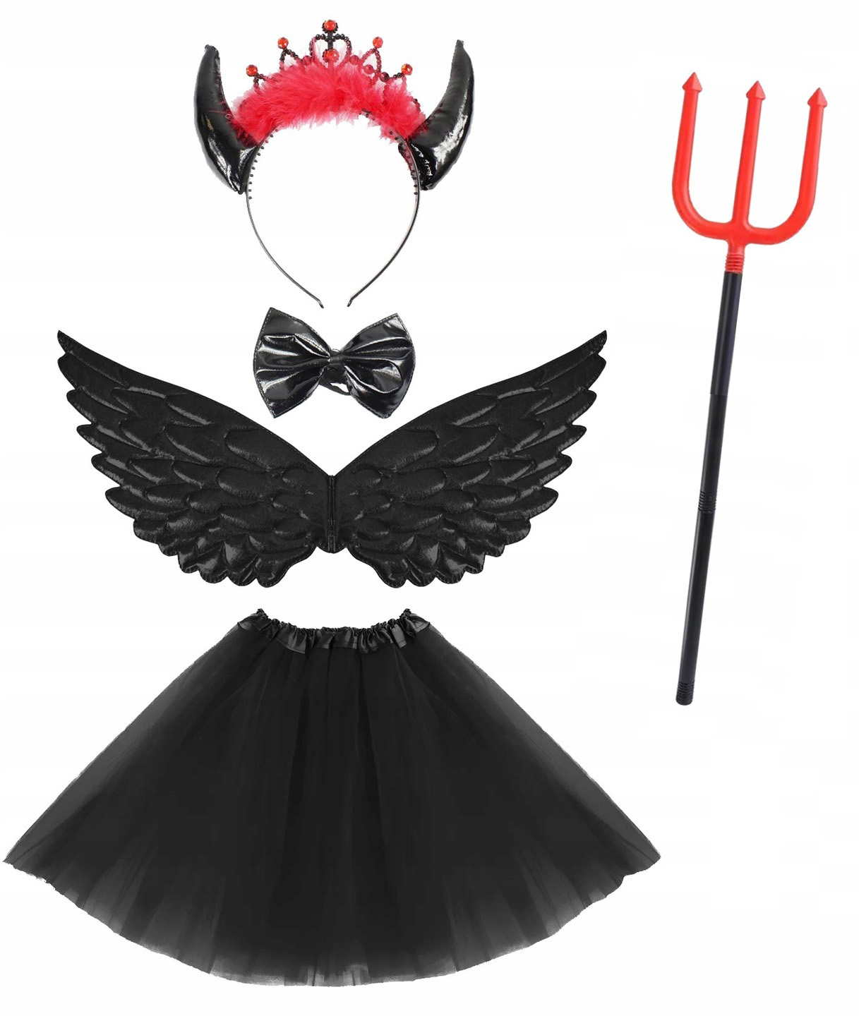 STRÓJ DIABLICA OPASKA Z KORONĄ ROGI WIDŁY TUTU 30cm + SKRZYDŁA DIABEŁ