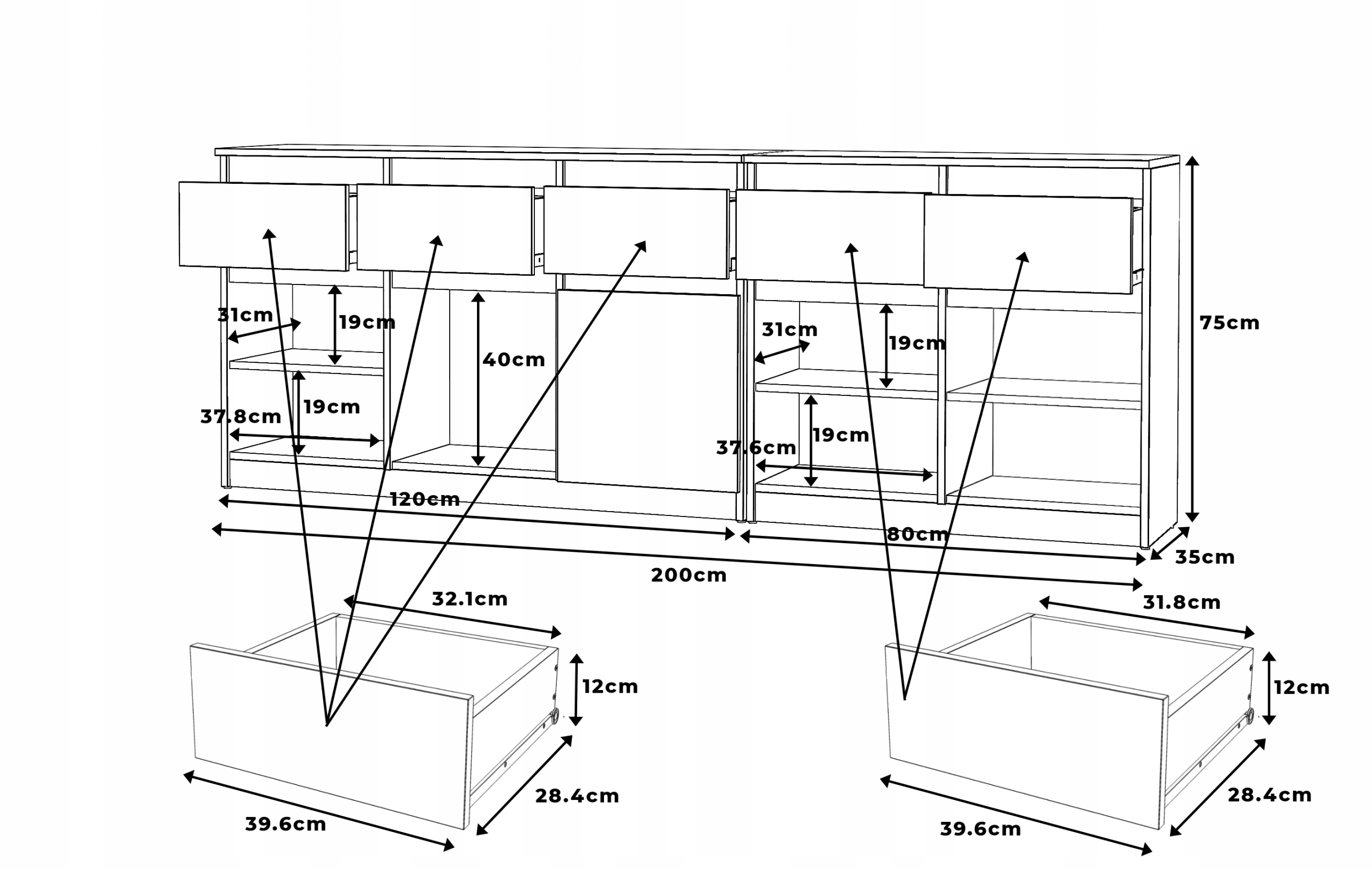 Komoda SONOMA/BIAŁY 5 szuflad 5 drzwi Duża Komoda 200 cm ZESTAW do Salonu Wysokość mebla 75 cm