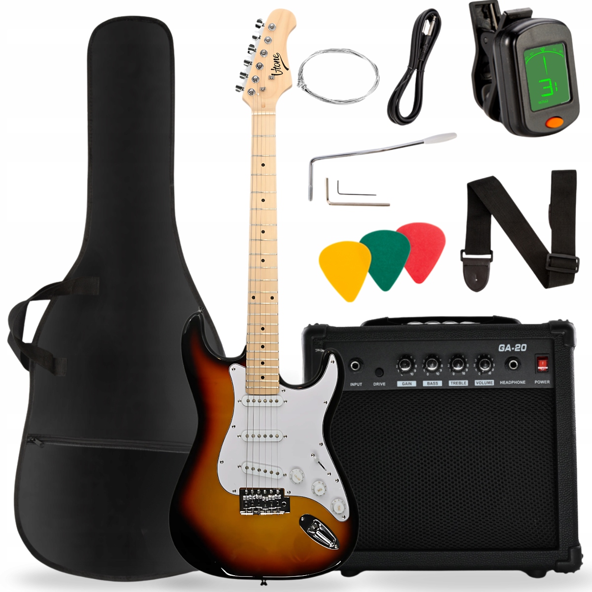 GITARA ELEKTRYCZNA STRATOCASTER 4/4 SUNBURST ZESTAW PASEK POKROWIEC TUNER