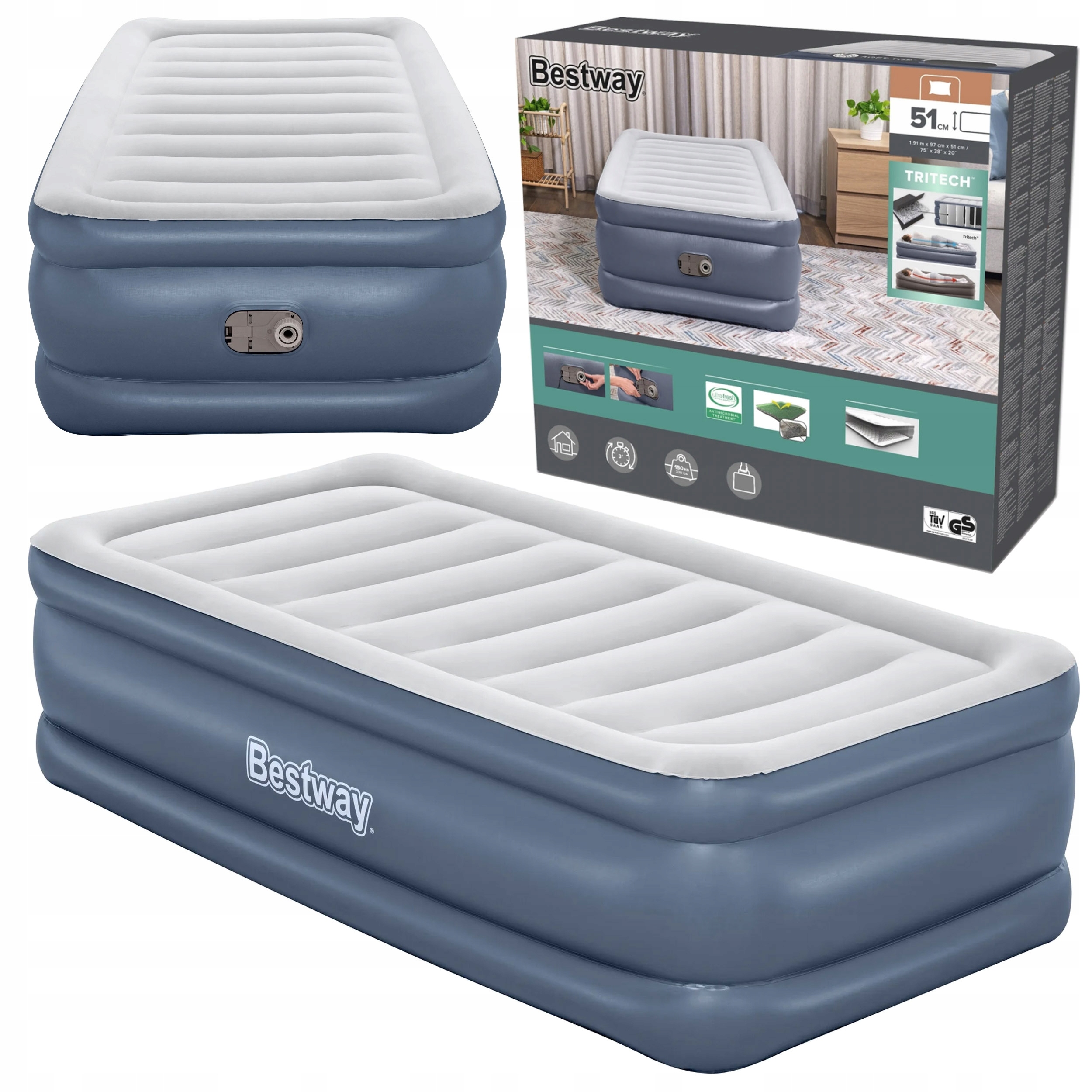 Materac Dmuchany Jednoosobowy Z Pompką Zintegrowaną Tritech 6713G Bestway