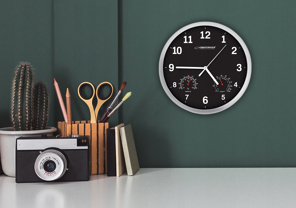 ZEGAR ŚCIENNY DO SALONU KUCHNI HIGROMETR TERMOMETR Marka Esperanza