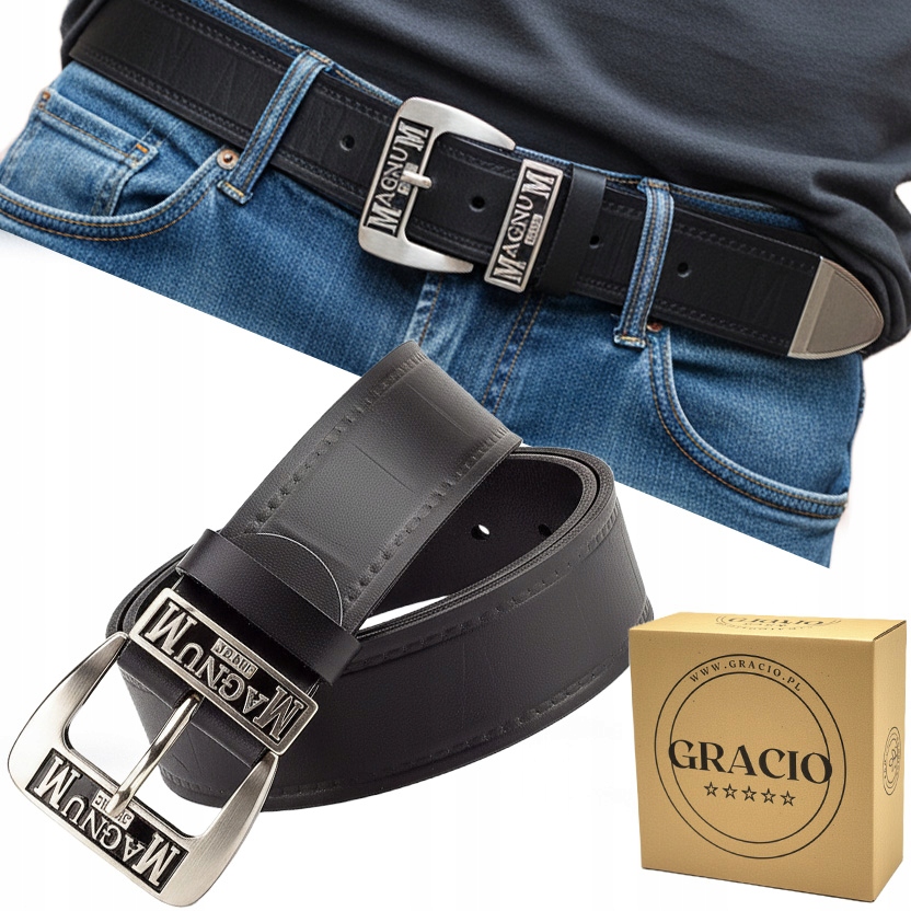 Pasek skórzany męski Gracio do spodni szeroki czarny długość 160 cm