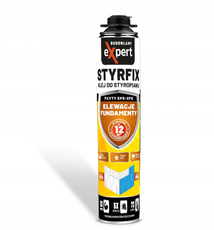 PIANOKLEJ do styropianu XPS EPS POLIURETANOWY MOCNY w piance wydajny 750ml Kod producenta STYRFIX do styropianu EPS/XPS BE 100 007