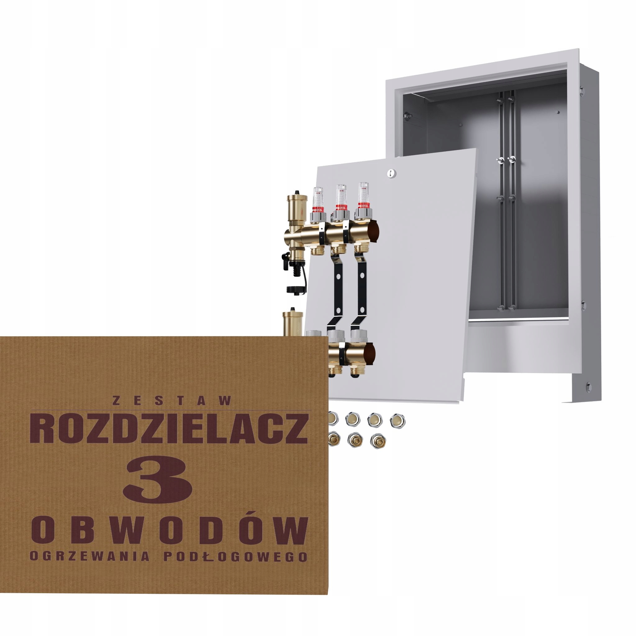 Rozdělovač pro 3-okruhovou mosaznou podlahu a podomítkový box Pex