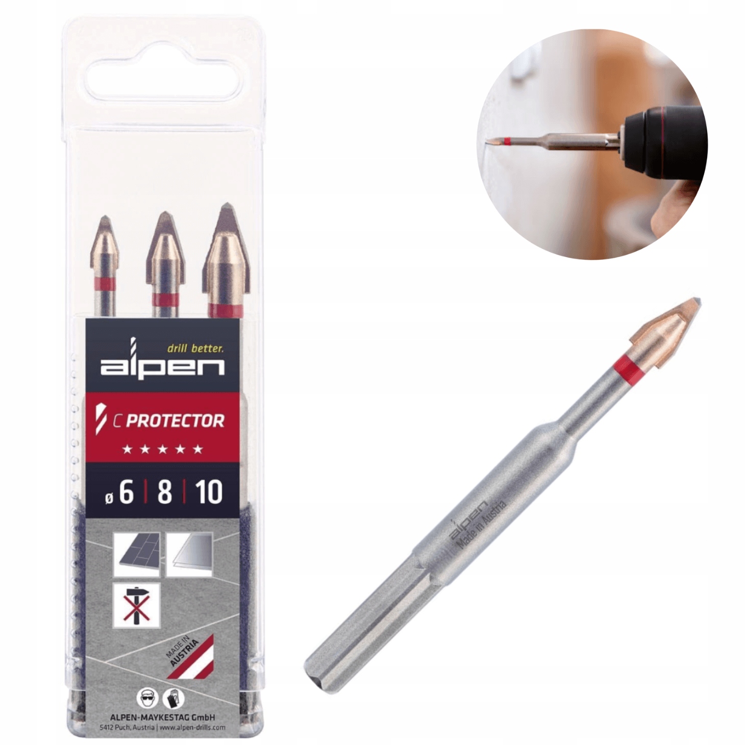 Alpen Zestaw 3 wierteł do twardych płytek gresowych 6/8/10 mm C Protector
